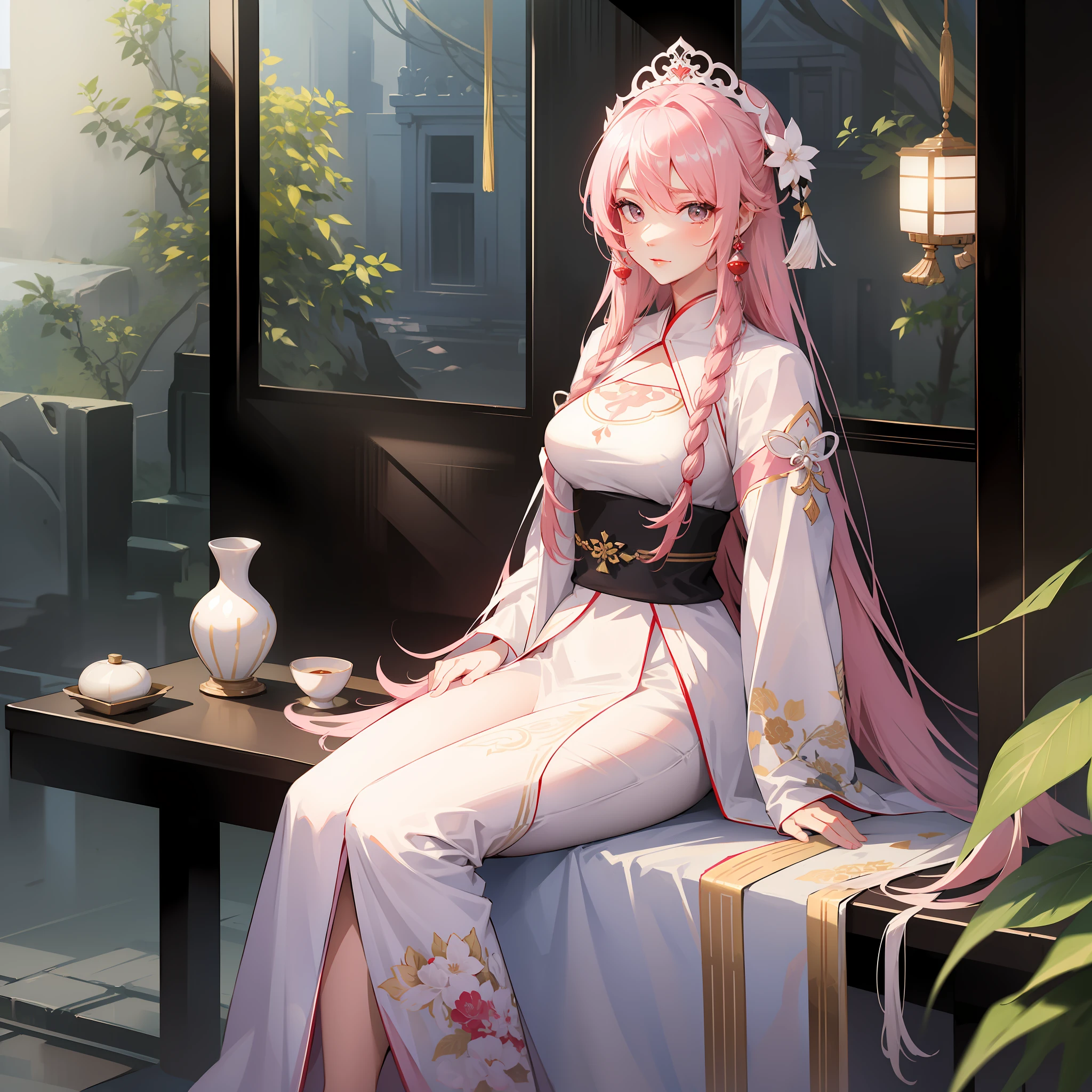 There is a woman sitting on a table with a vase, white skin, melancholy eyes, a palace, a girl in Hanfu, beautiful figure painting, white Hanfu, Hanfu, hair accessories, , looking at the viewer, red lips, skirt, Hair accessories, necklaces, jewellery, long hair, earrings, closed mouth, extravagance, East Asian architecture, pink long hairstyles with weave,long dress and ballet angel