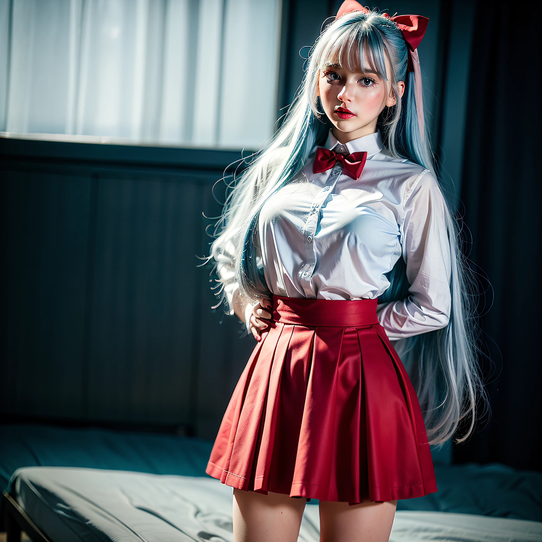 white girl realistic,beautiful,with long light blue hair to the waist,red lipstick,pink cheek,big blue blue eyes tightly together horizontally to the nose, school clothes white blouse with red bow and navy blue skirt,full body,, on blurry background in 10k resolution
