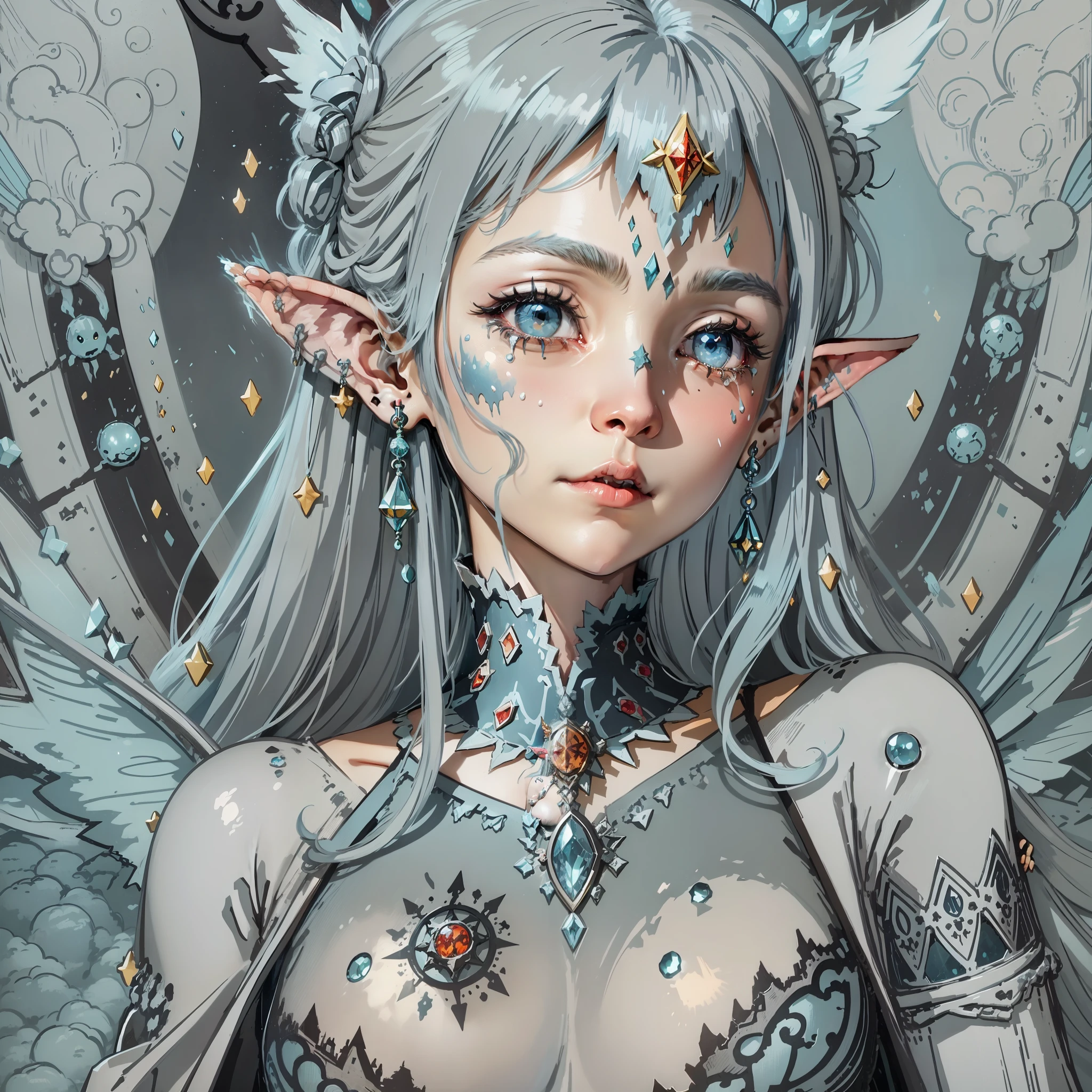 girl, shedding bright tears, long gray blue hair, torn clothes, big breasts, big mouth, small nose, big fairy wings, over monster in front of her, castle room setting on fire, elf pointed ear with many earrings, outstretched hand, blood splattering on her face, detailed portrait, fairy anime, fairy portrait