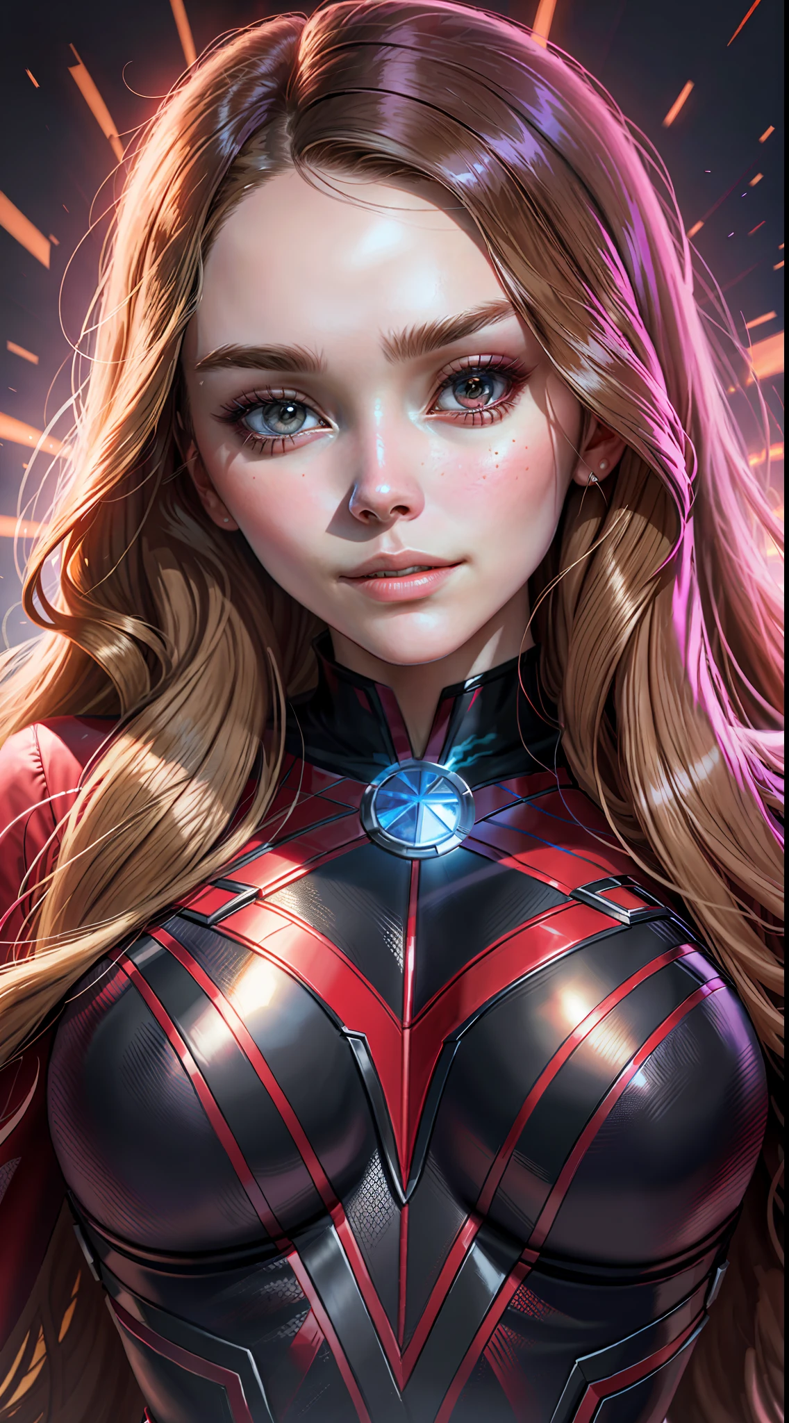 masterpiece, maximum quality, ultra high resolution, 8k, Elizabeth Olsen (Wanda Maximoff), full body, thin, detailed face, identical face, detailed eyes, mischievous smile, wide hips, thick thighs, smooth and soft pellet, wearing micro uniform, using her powers