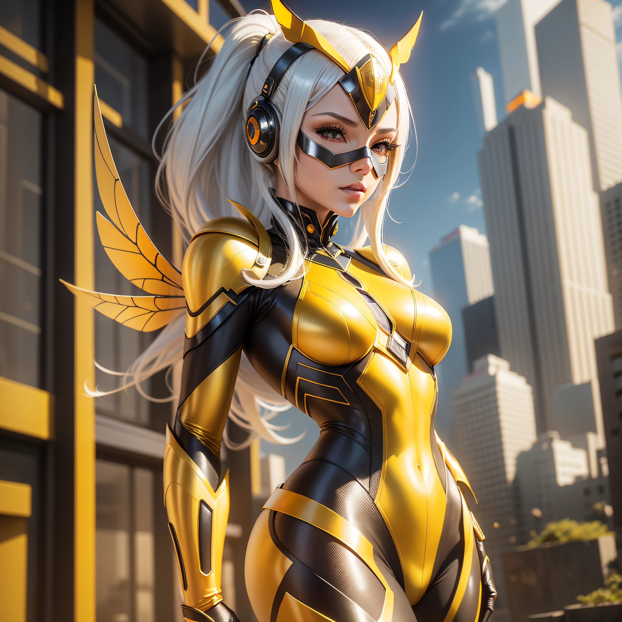 woman, defined body, small breasts, platinum hair, straight hair, wasp costume, mask covering the whole face, wasp wings on the back, in the background a landscape in yellow and orange