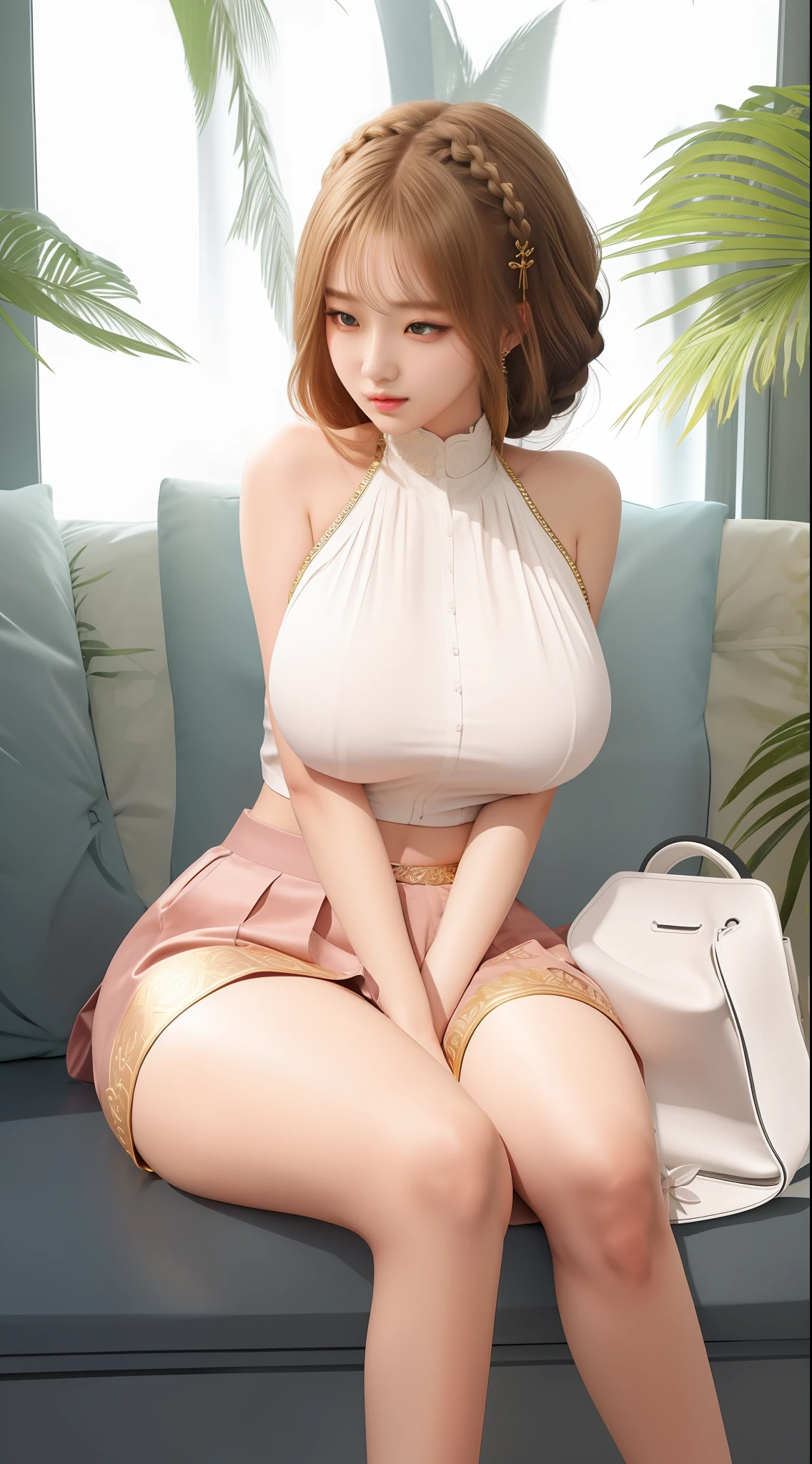An Idol k-pop girl, cute girl, sexy girl, white braid hair, intricate face details, detailed face, golden ratio face, big breast, big butt, big hip, big thighs, full body, 64K, UHD, HDR, global illumination high quality, high detailed, hyper detailed, extremely detailed, photo realistic, ultra realistic, art photo, clarify the details, detailed parts body, intricate artwork masterpiece, trending on artstation, shyly, wearing skirts, sitting next to the white bag