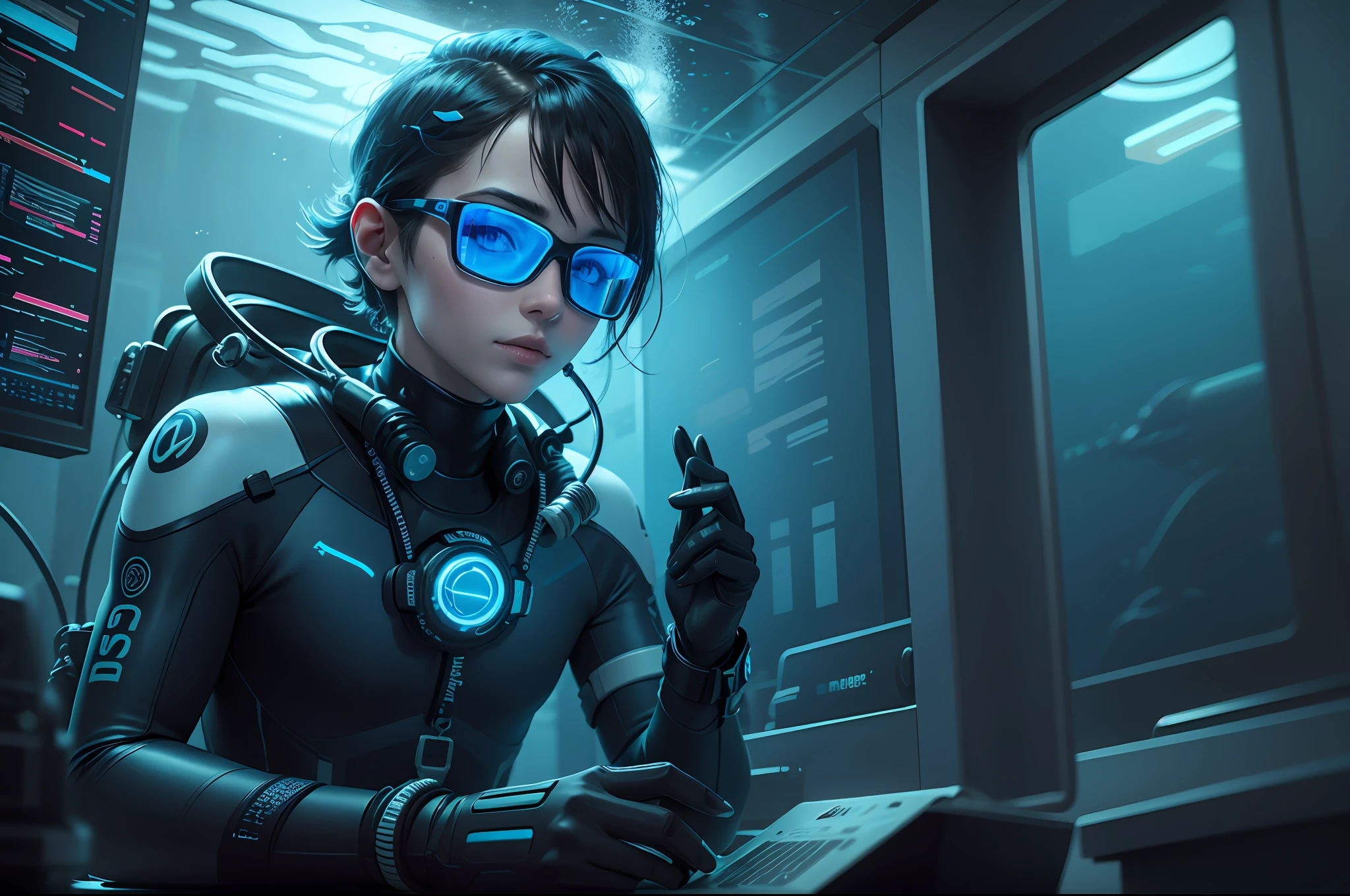 scuba diver in computer undersea, darktheme, futuristic, cyberpunk, clean, luminous, neon, shades of blue --auto --s2