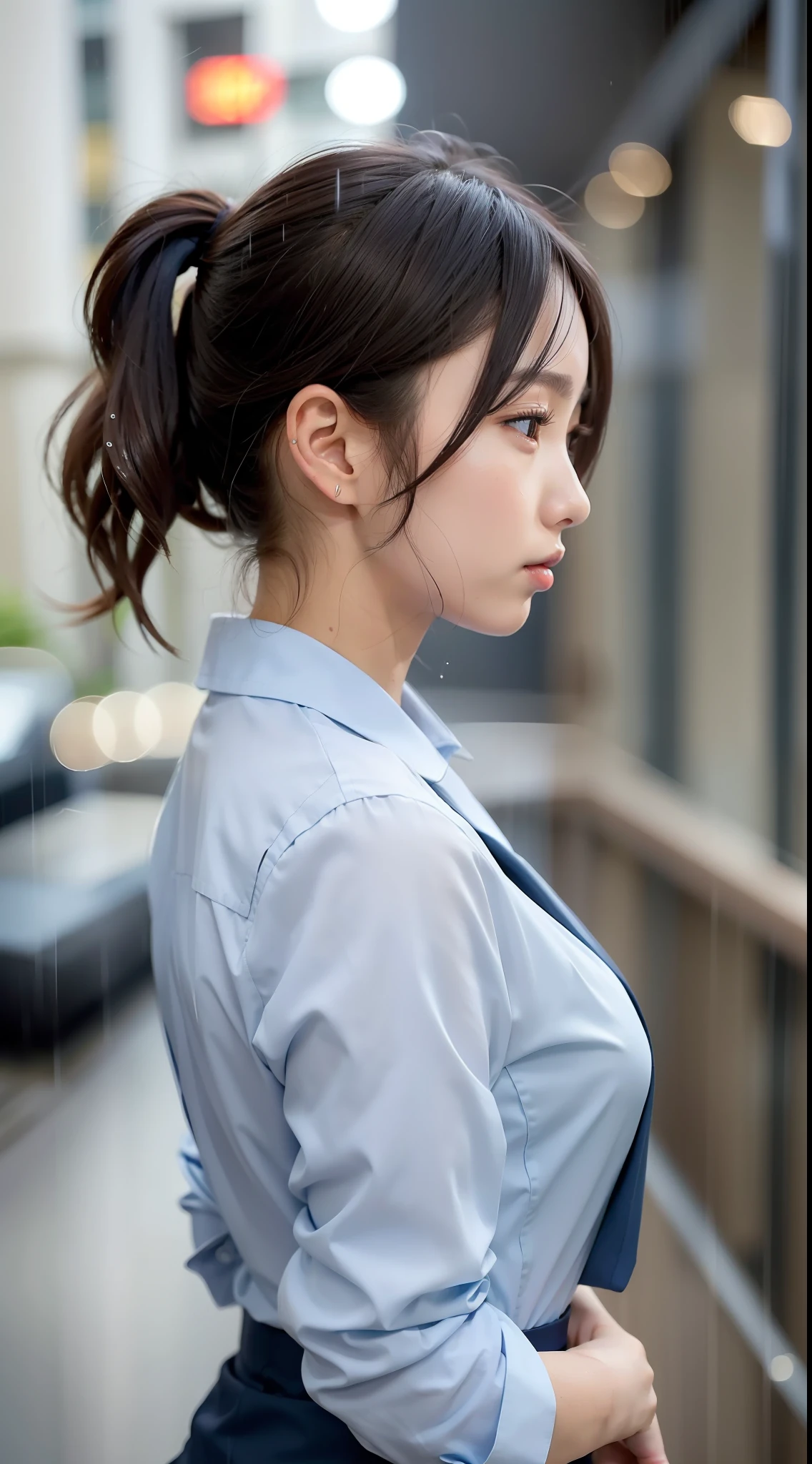 Japan girl, girl in her twenties, small breasts, perfect skin, wet hair, perfect, dark hair, brown eyes, office lady, navy suit, light blue shirt, rain, gloss, luminous, city, profile, upper body,