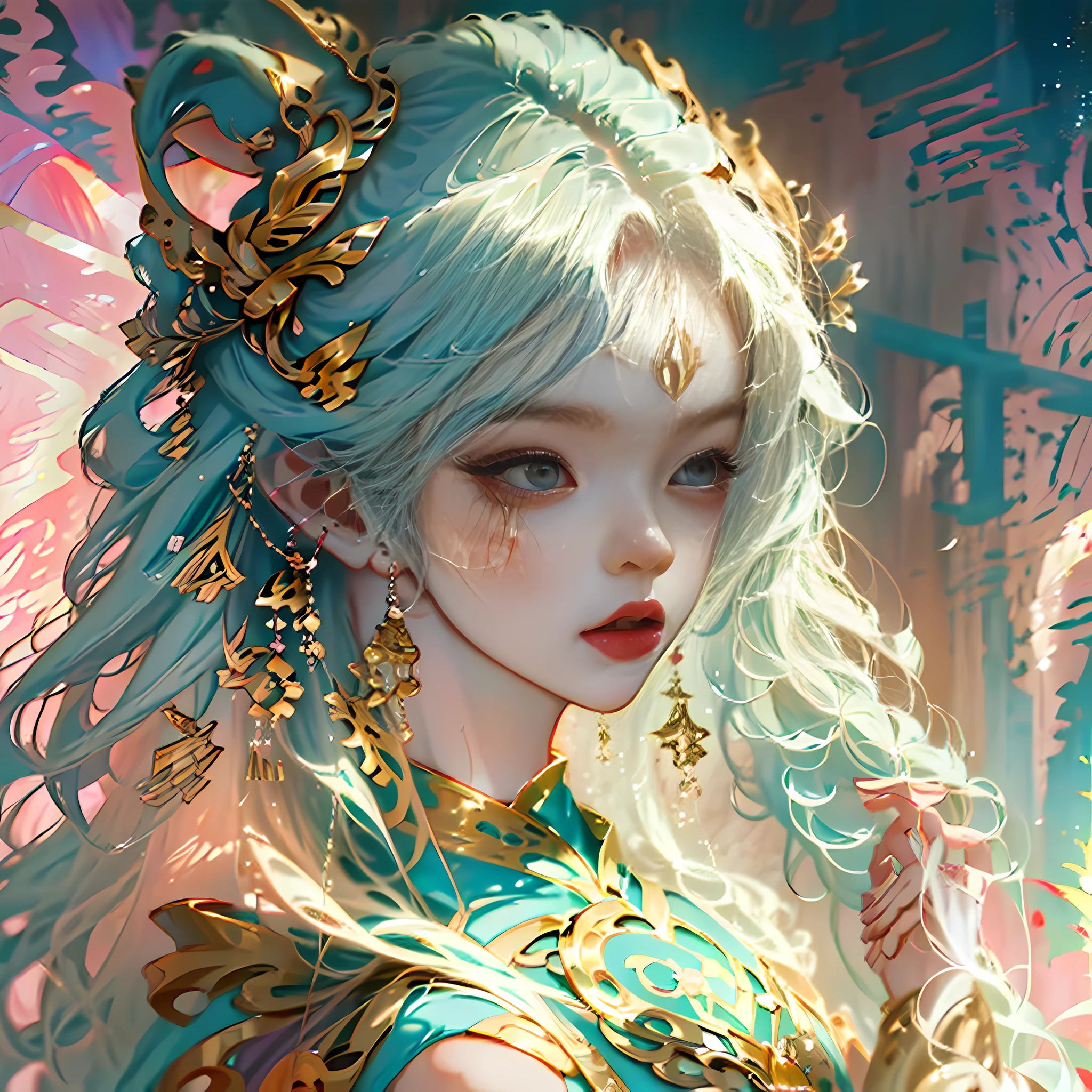 anime girl colored hair and rainbow, beautiful fantasy anime, anime girl with long hair, anime style 4 K, anime girl with cosmic hair, beautiful anime girl, beautiful anime style, beautiful anime portrait, anime art wallpaper 8k, anime art wallpaper 4k, anime fantasy illustration, beautiful anime art style, beautiful anime art art style, beautiful anime art artwork, next to the girl there is a huge divine beast, anthropomorphic, little cute cute little cute mouse, wearing elegant red hanfu, Gold ingots in hand, gold coins on the ground, sik, fluffy mane, big eyes, chibi, Chinese culture, ZBrush, theatrical lighting, full-body portraiture, realism, fine detail, realism, cinematic lighting, intricate details, octane rendering Unreal Engine,