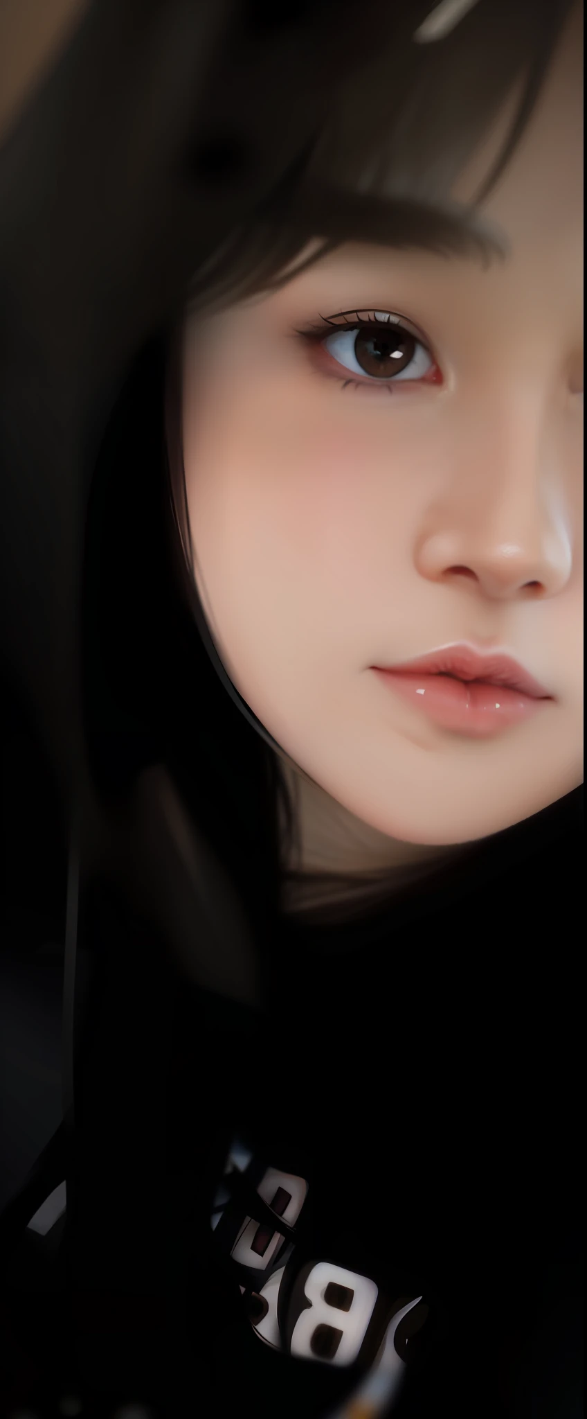 1 girl, long black brown hair, beautiful eyes, lips, nose, realistic style, high quality