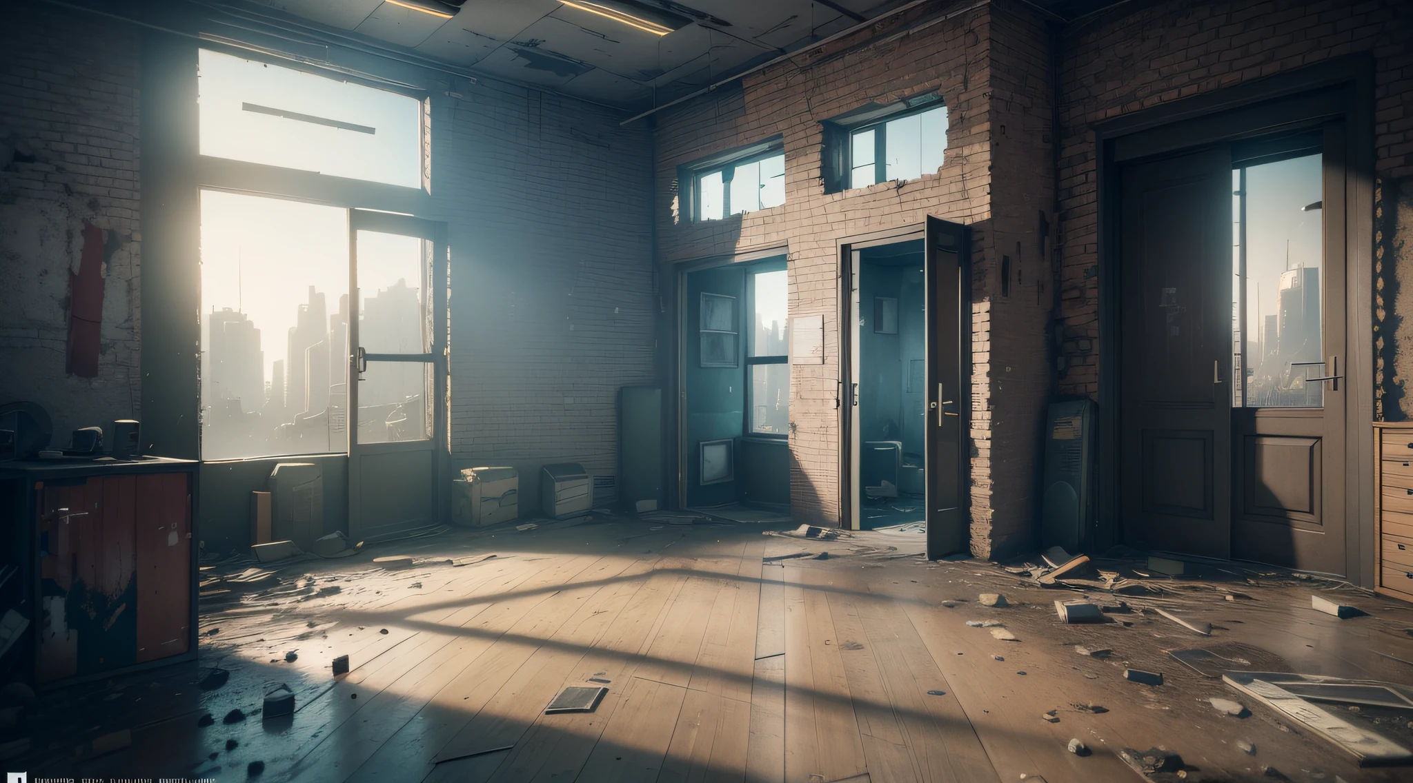 arafed room with a window and a door in it, rendered in cryengine, in an abandoned office building, rendered in unrealengine, abandoned building, rendered in unreal engine 3, in a ruined cityscape, Unreal engine. retro film still, scenic dystopian environment, post apocalyptic view, rendered in unreal engine 4 k hq, rendered in unreal engine 4k hq