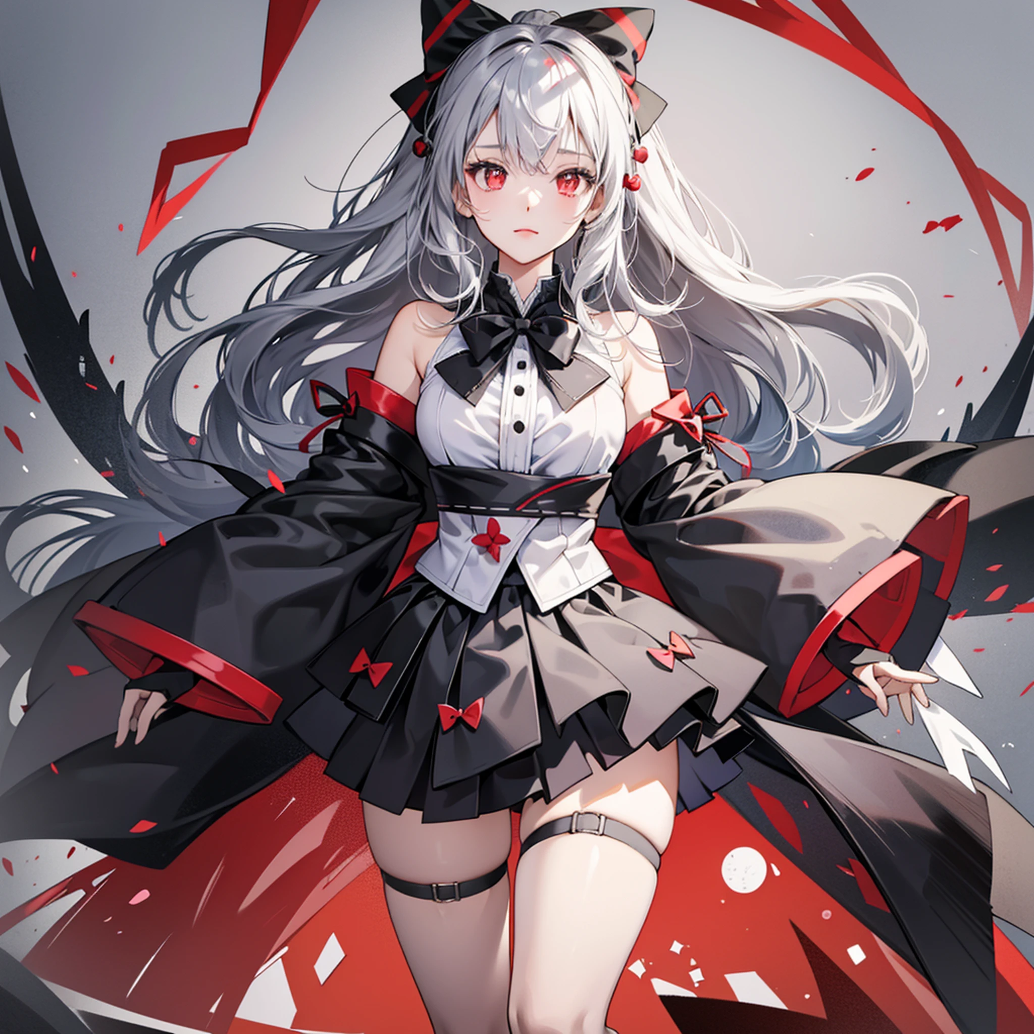 Japan, a girl, black skirt, silver hair, red eyes, black and white bow, medium chest, gray and white bow on chest, high quality, super detailed, high definition, pure white background, full body --auto --s2