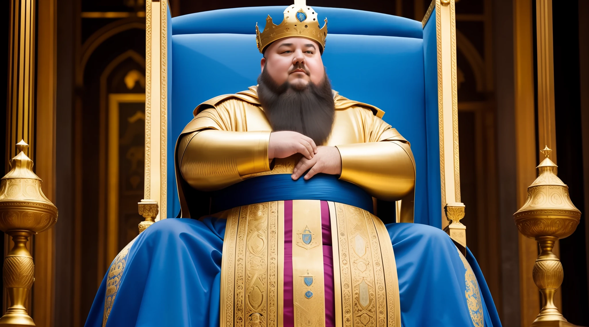 A fat medieval king sitting on his throne with his golden crown. Blue clothing, side view, standing walking