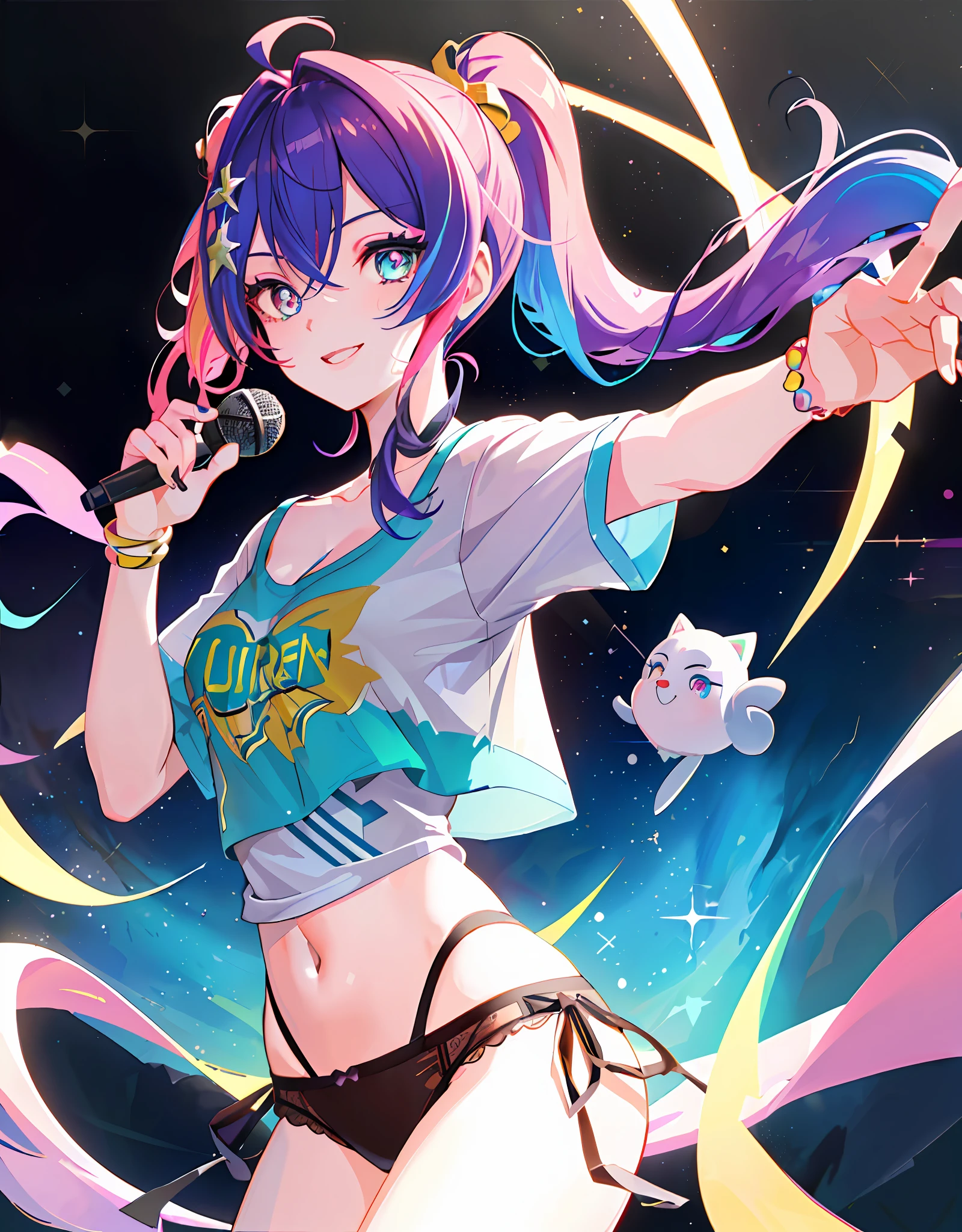 Anime CG, Hi-Res, Absurdity, 8k, Masterpiece, ((((Detailed Eyes and Detailed Face: 1.2), Dynamic Angle, (((Detailed Eyes and Detailed Face: 1.2)))))), (((Perfect Human Hand, Super Detailed Human Five Fingers)))), ((Perfect Human Foot)), Upper Body, 1 or 2 Girls, Smile, Wolf Ears, Wolf Tail, Pink Eyes, Hairs Between Eyes, ((((Wink)))), D cup, cleavage, striped hair, (((((Colorful hair color: 1))))), (((Random hair color: 1)))), Variegated hairstyle: 1, twin tails, ultra-detailed gradient hair, ((T-shirt with kagenari letters)))), professional designer, fashion leader, ruffled dress, love live, jewelry, best stage, climax, professional stage, ( (Hold the microphone with your left hand and sing emotionally, overflowing emotions, the best smile))), Singer, Vocalist: 1, Idol, Diva, Professional stage, Professional lighting, Live lighting, Distract the gaze, Fan service: 1, Sing on the stage of the AI spaceship, Universe, Earth, Planet, Battle, Explosion, Ivory Gold AI Space spaceship, stars, (((Panchira, cute panties)))