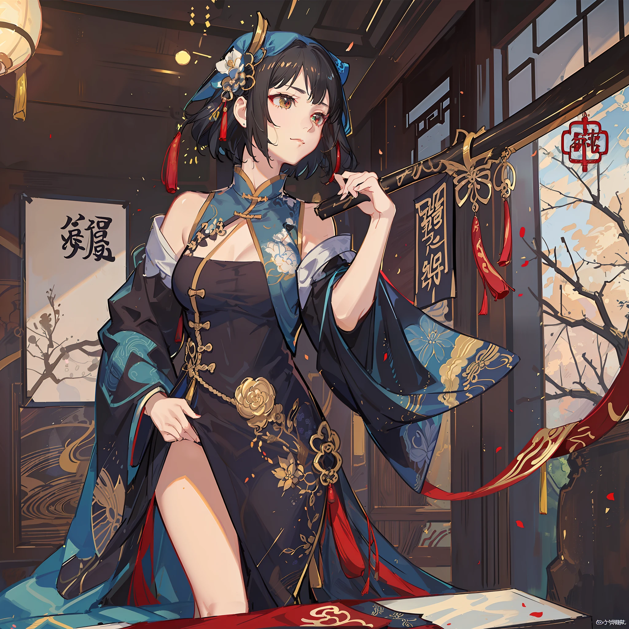 (unparalleled masterpiece, ultra realistic 8k CG, perfect artwork, perfect female figure,dramatic shadow,ray tracing),
( spotlight,perfect lighting,detailed light,dramatic shadow,ray tracing),
(mature female, milf, an extremely delicate and beautiful:1.2),
(seductive posture, implied,clothed,((large breasts:1.1)),(plentiful:1.3),(short hair:1.5),
wide hips, (ru_qun,ancient china background, china patterns, shawl, hagoromo, hanfu, detailed clothes,chinese pattern dress:1.2), (indoors + dark vibe + china courtyard + pavilion + peaceful + bridge + trees),