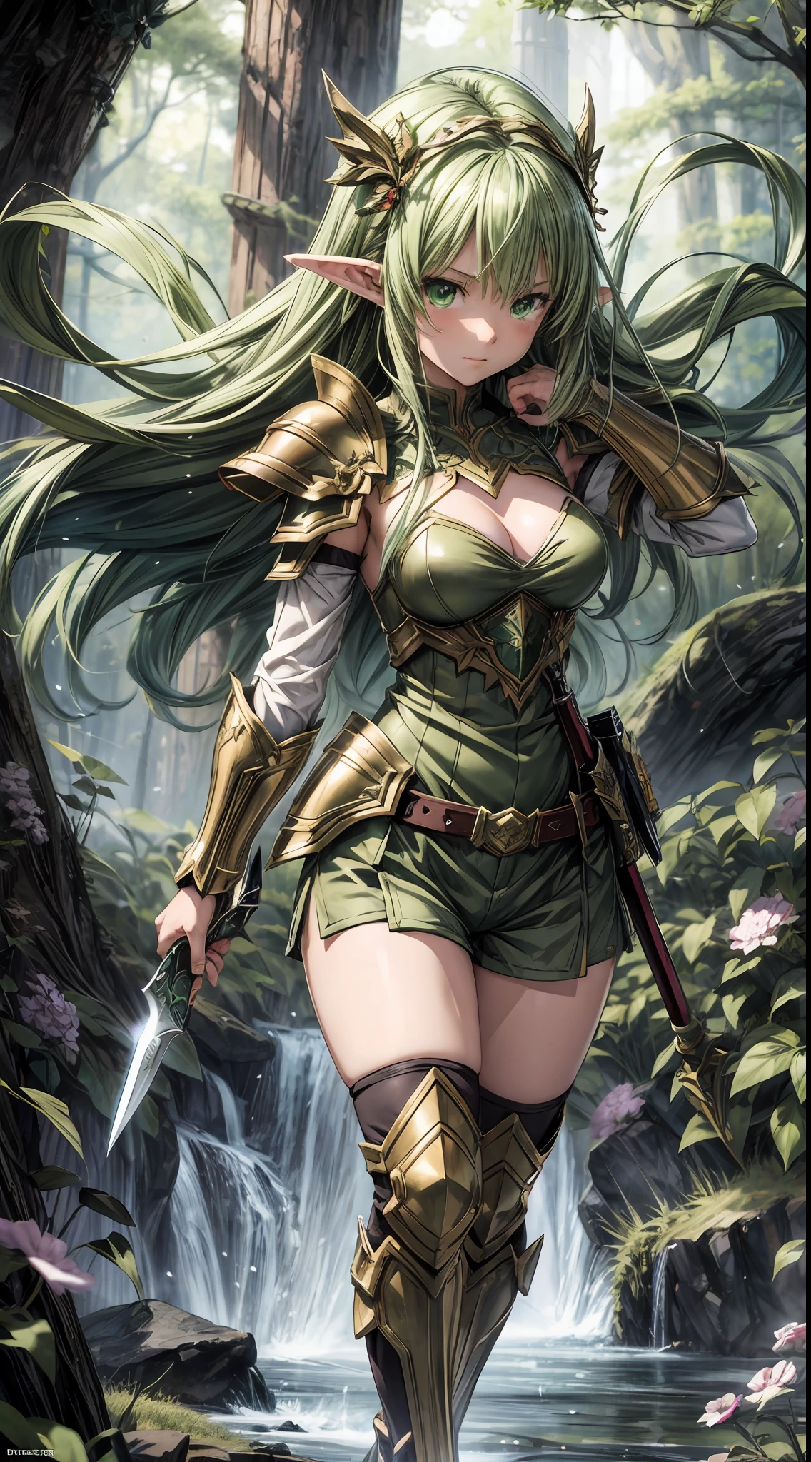 anime style, elven girl, knife, (green brilliant eyes), brown shorts, ready to battle, (armor on shoulders), full body, leaves floating arround her, 8k, (masterpiece), high quality, high definition