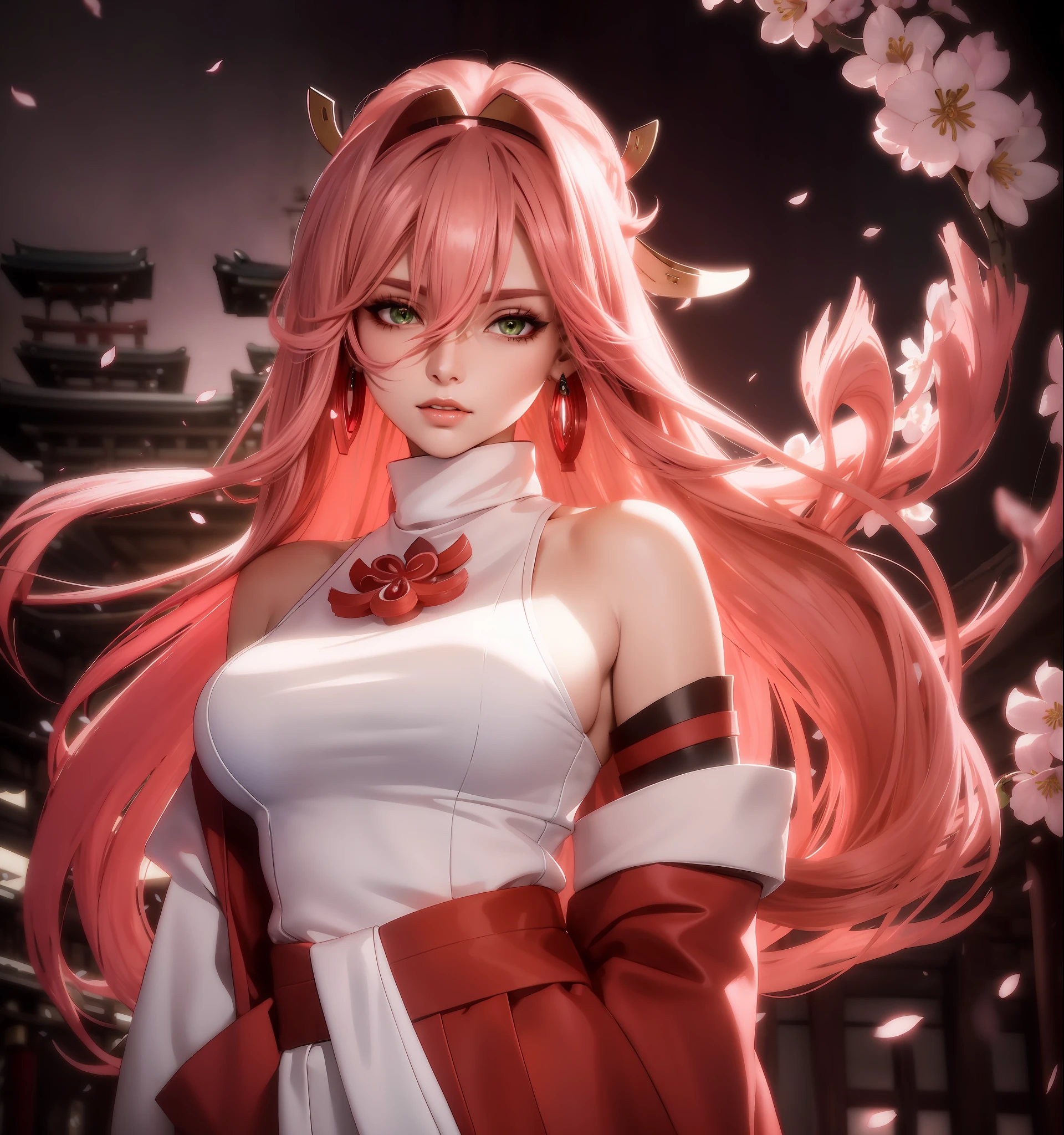 (Masterpiece, Excellent, 1girl, solo, complex details, color difference), realism, ((medium breath)), off-the-shoulders, big breasts, sexy, Yae Miko, long pink hair, red headdress, red highlight, hair above one eye, green eyes, earrings, sharp eyes, perfectly symmetrical figure, choker, neon shirt, open jacket, turtleneck sweater, against the wall, brick wall, graffiti, dim lighting, alley, looking at the audience, ((mean, seductive, charming)), ((cherry blossom background ))),((Japanese temple background)))), (((Glow-in-the-dark background)))