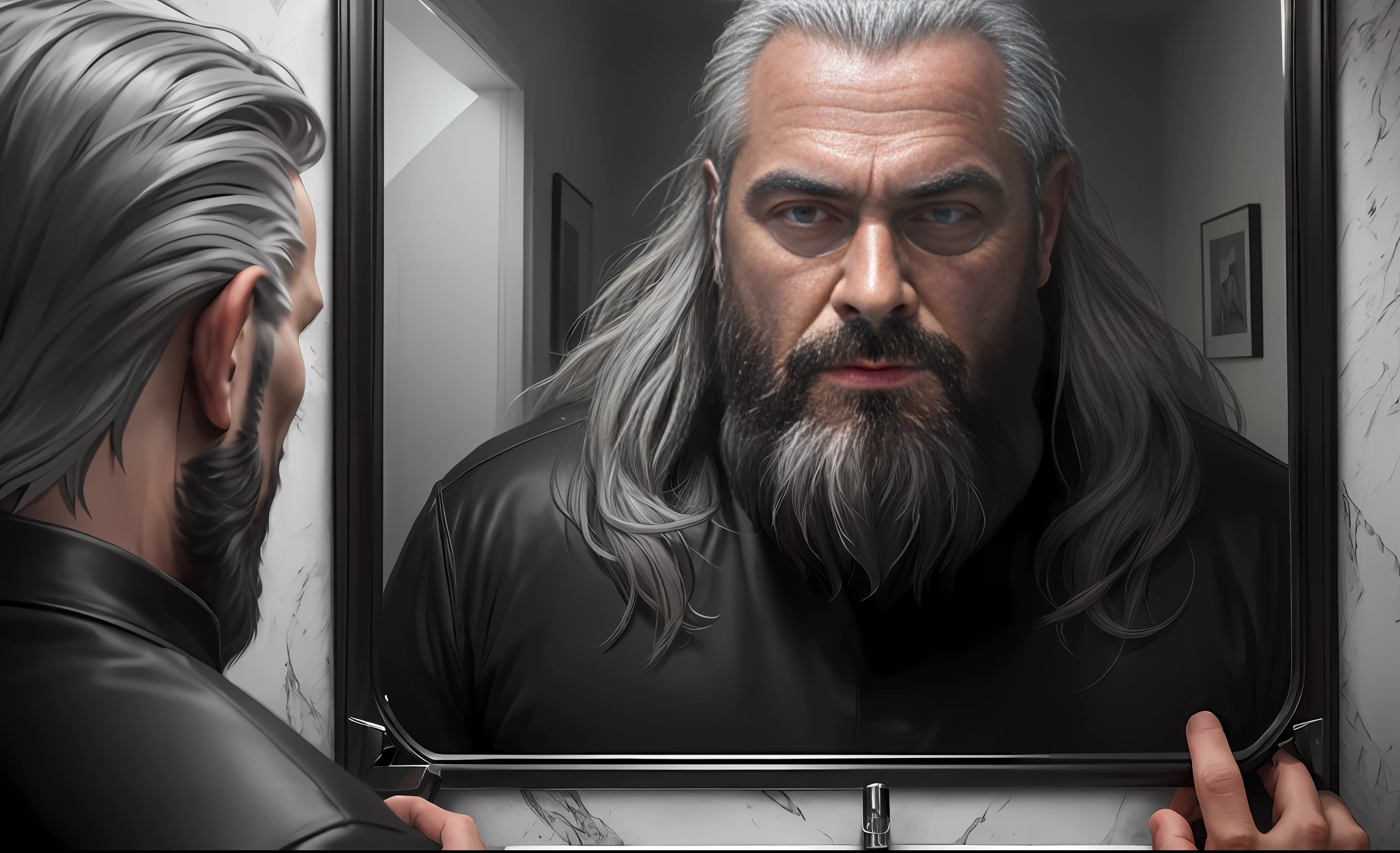 Photo of the world's most beautiful artwork featuring a 45-year-old man soaking his reflection of evil in a mirror, beard and long gray hair in a dark place(vibrant, photorealistic photo, realistic, dramatic, dark, sharp focus, 8k), (global lighting, gloomy environment, volumetric half light)