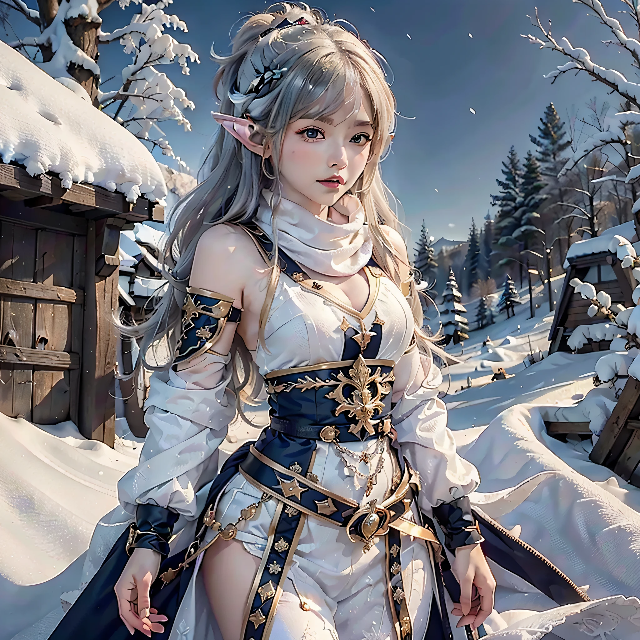 one snow elf girl, with snowy background, snow-like hair, (8k, extremely detailed, flawless world, highest quality, masterpiece)