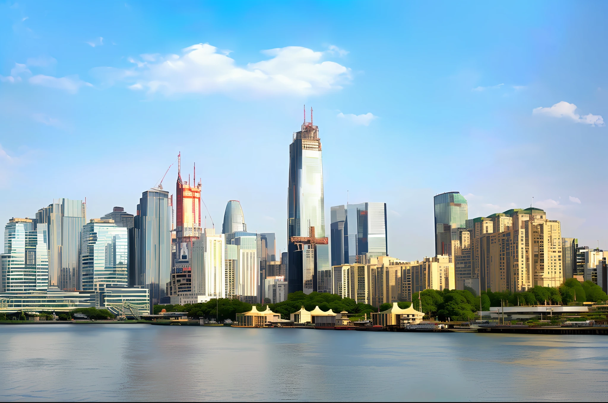 (Shenzhen | Hangzhou) :( city skyline | cityscape), (river | waterway | boats), (Guangjian: 1.1 | high-rise buildings: 1.1), (beautiful landscape: 1.2 | ultra-wide landscape: 1.2), (tall glass skyscrapers: 1.3), (Shanghai city: 1.1 | High-rise in the background: 1.1 | High-rise buildings on both sides: 1.2), (Industrial giant skyscrapers: 1.3 | High-rise commercial area: 1.1), skyline display, background relief, wide sky, dynamic perspective.