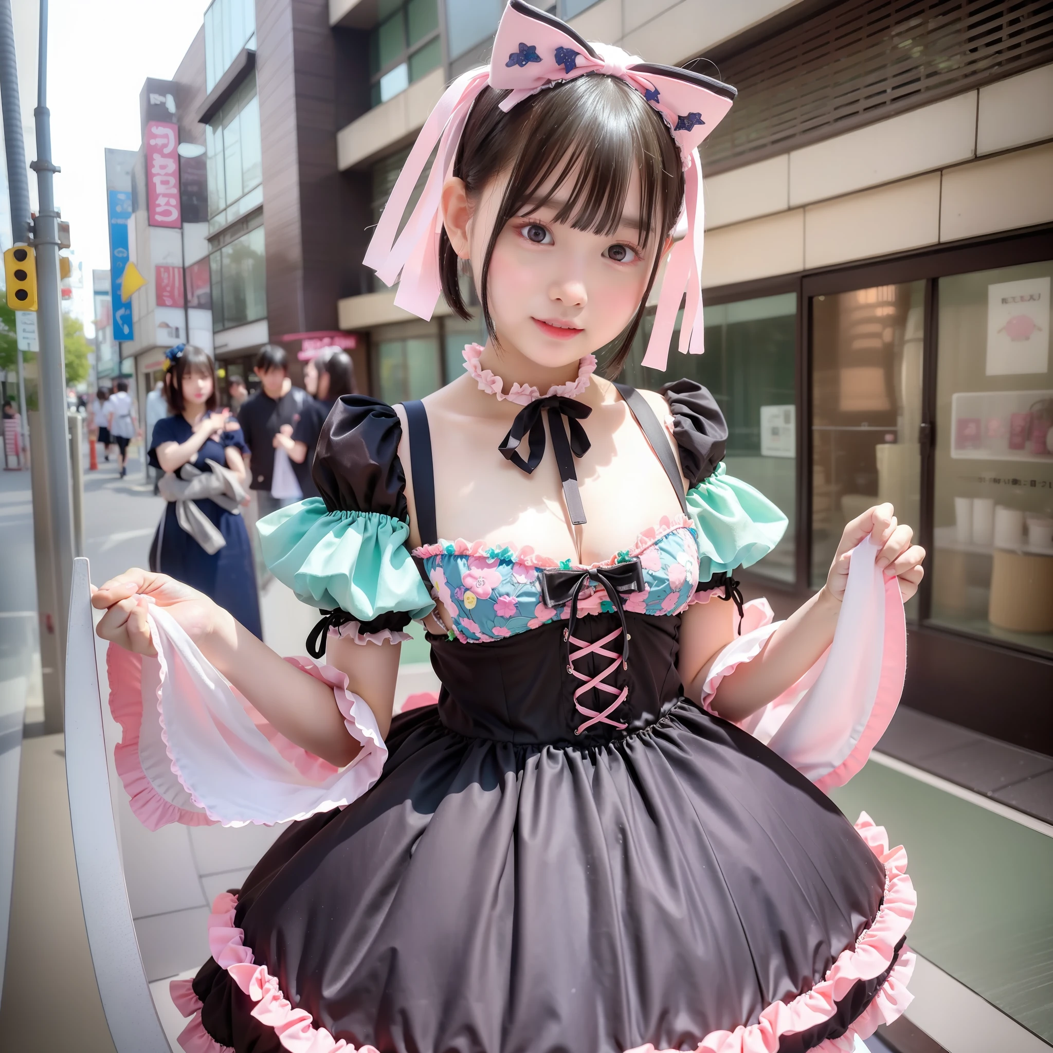 1 girl, solo, (short hair), japanese idol, perfect figure, beautiful eyes double eyelids, ta fashion, colorful pastel color clothes, downtown like Harajuku, broad smile, upper body, blow a wind, slim body