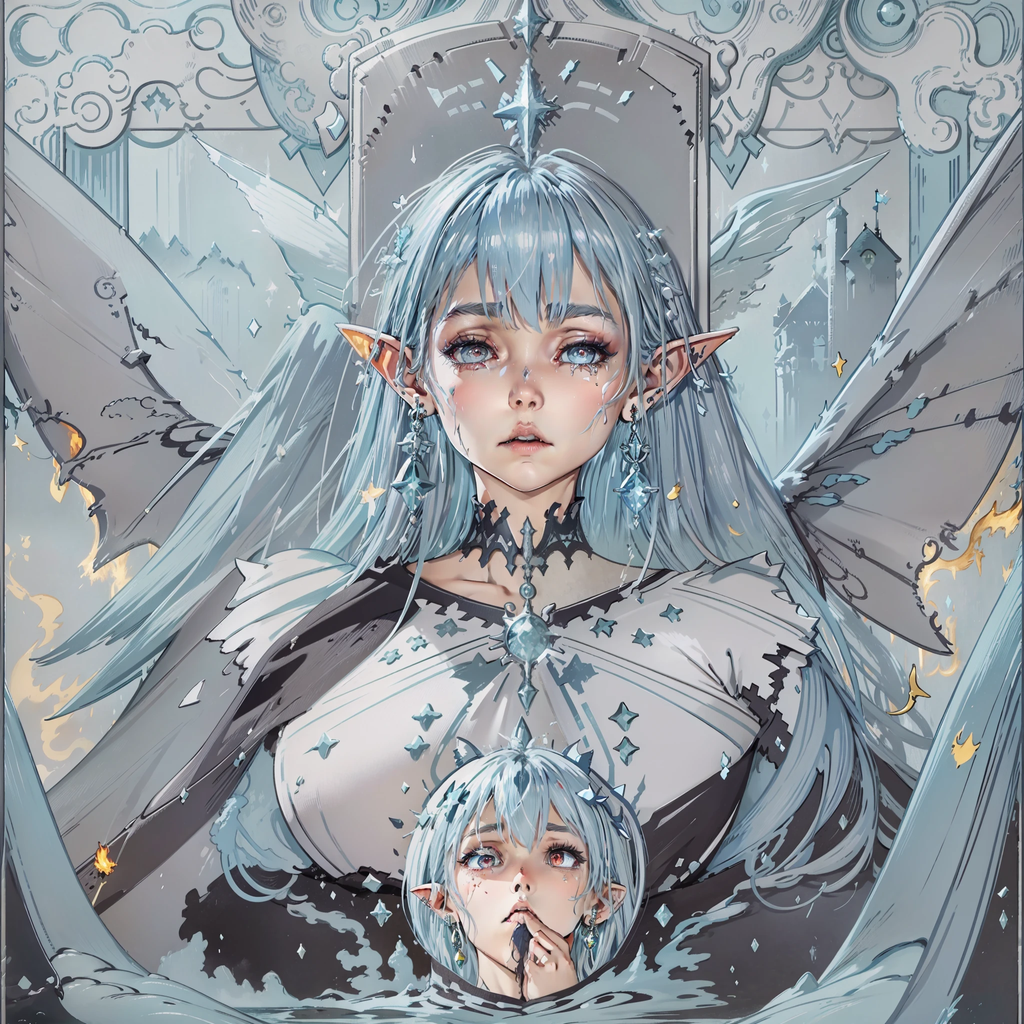 girl, shedding bright tears, long gray blue hair, torn clothes, big breasts, big mouth, small nose, big fairy wings, over monster in front of her, castle room setting on fire, elf pointed ear with many earrings, outstretched hand, blood splattering on her face, detailed portrait, fairy anime, fairy portrait