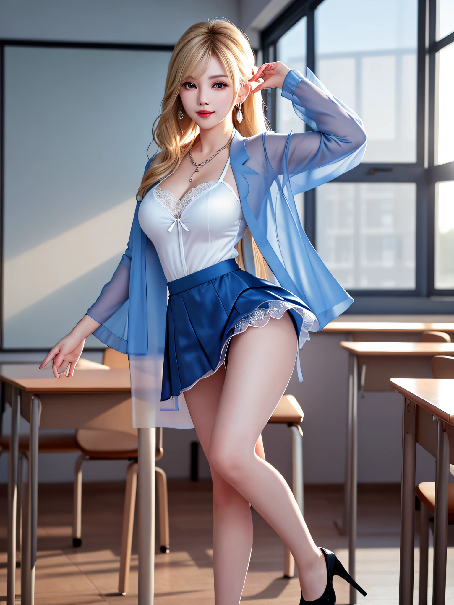 ((Legs open on classroom chair)), Female Teacher v6, Necklace, Earrings, Full Body v6, Long Gray Hair, Looking, Superb, Ultra High Definition, RAW Photography, Realism 1.25), (Bright Lip Gloss, Long Eyelashes, Smooth) Face, Bright Skin, Natural Shadows, Wide Light, Wide Light, Depth of Field, Strong Colors, Subtle Caustics: 0.8), Smile, (Big), v6, There are windows showing different buildings of the city (absurdity, high resolution, super detail), smile, (big), v6 ((Adriaan Honig))) girl with blonde hair and blue eyes, beautiful, thin (((dark blue sheer front opening jacket, white sheer mini-flared skirt, black silk underwear))), underwear bite, sexy pose, back view, gaze is window side,