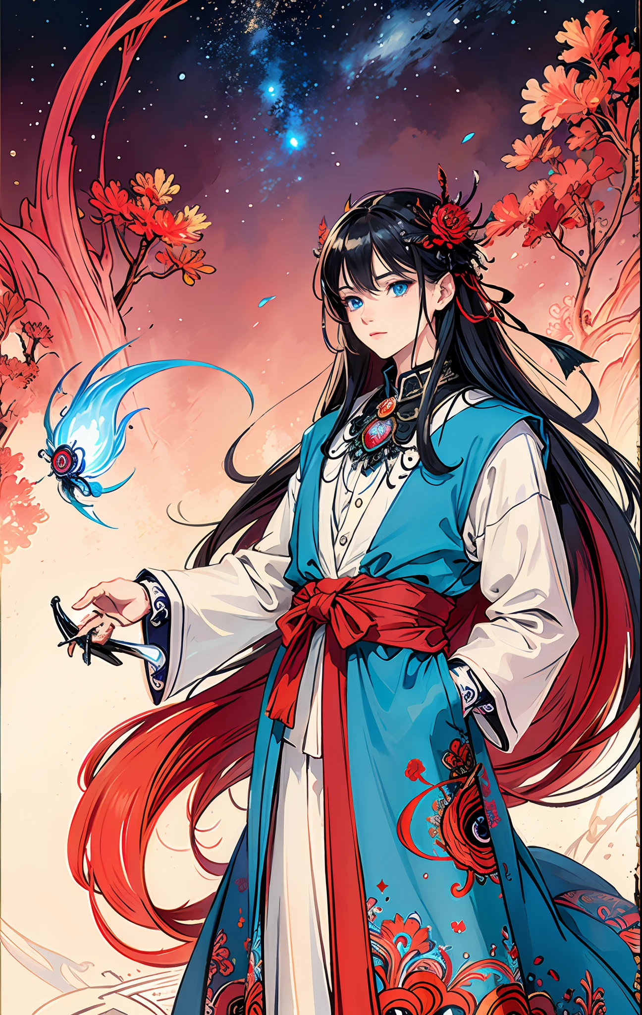 Realistic, (Masterpiece, Top Quality, Best Quality, Official Art, Beauty and Aesthetics: 1.2), Very Detailed, Fractal Art, Colorful, Most Detailed, Zentangle, (Abstract Background: 1.5) (1boy: 1.3), Gods, (Glowing Blue Eyes), Mysterious, (Magic), Ice, ((Lycoris radiata)), Yellow Springs Hell, Soul Ferryman, Ghost