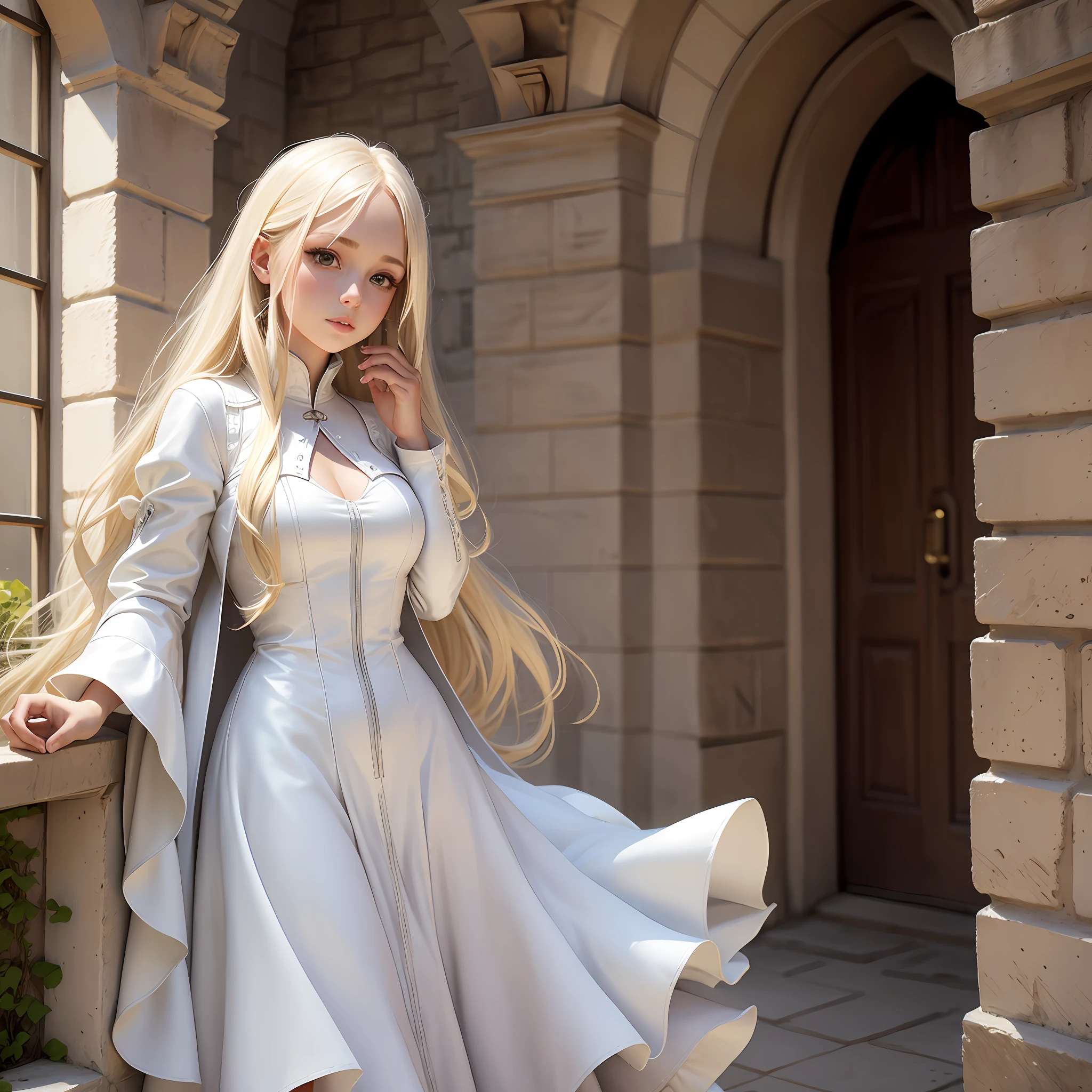 Girl, castle, white leather, long dress, blonde hair --auto --s2