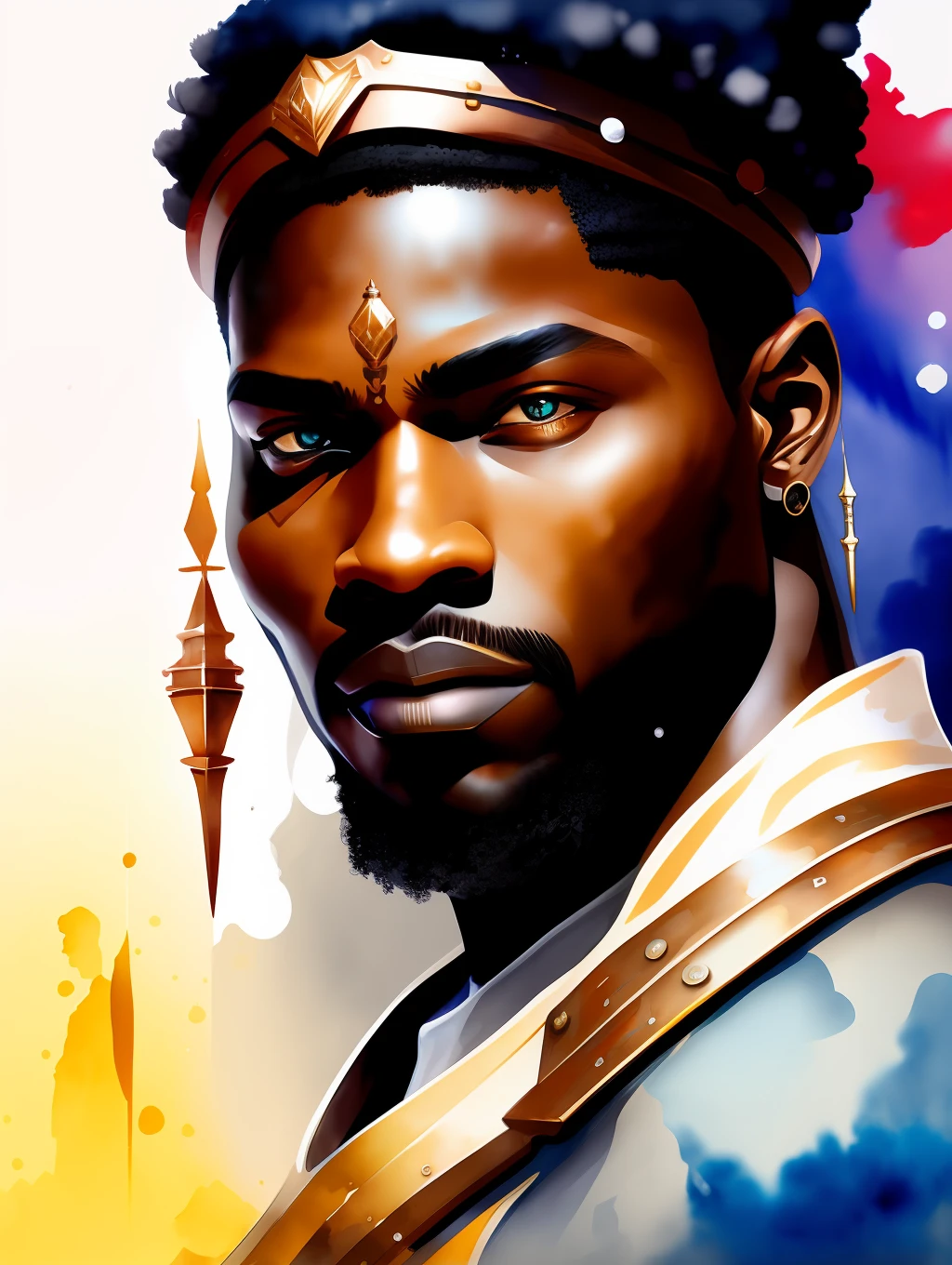 (Masterpiece) A very strong anf fitted nubian warrior man, watercolor hyperdetailed art in the style of Karoly Cszúzy, soft colors, intricate, elegant, highly detailed, digital painting, art station, concept art, soft, sharp focus, an african village as the background, illustration, art by Karoly Cszúzy, extremely detailed, detailed symmetric realistic face, extremely detailed natural texture, trend in artstation, watercolor painting, low angle shot, watercolor, wet on wet and splattering techniques, centered, perfect composition, dynamic action poses.