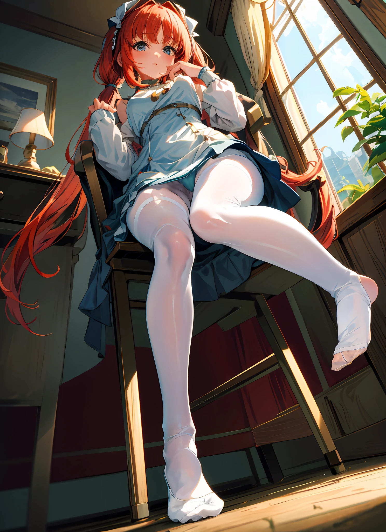 {{masterpiece}},illustration,best quality,extremely detailed CG unity 8k wallpaper,1girl_solo, full_body, from_below, looking_at_viewer, looking_down,((white pantyhose: 1.5)), (no shoes:1.3),chair,twintail,red hair,braided bangs,Sexy and charming panties,revealing dress,window,(Close-up of the foot),hair_ribbon,strong rim light,花,cameltoe,