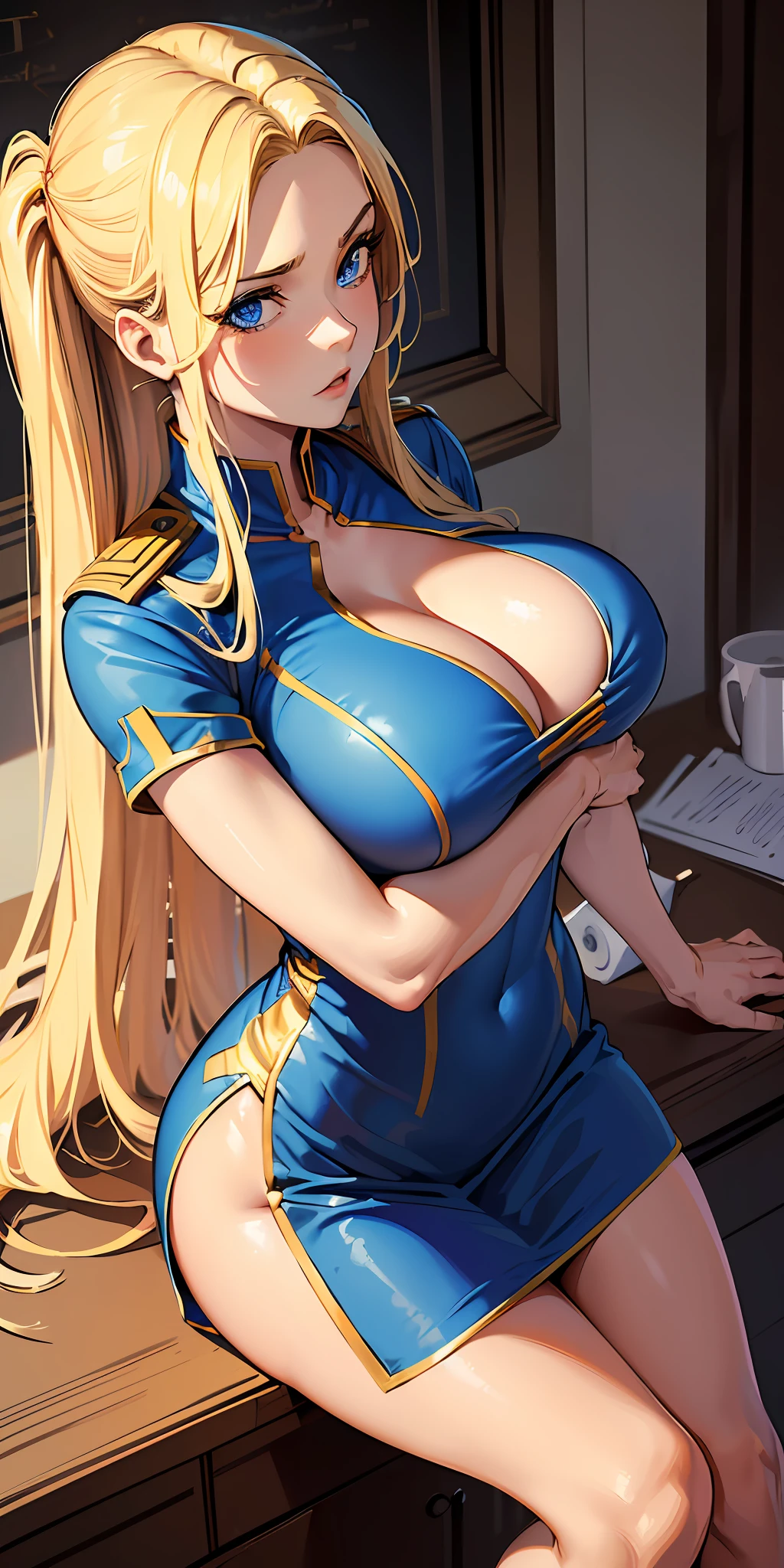 ((Best quality, masterpiece, absurdres)) ,1girl, Woman (25 years old, corpor definido,adult, long blonde hair, huge breasts, expressive blue eyes) wearing a short shift dress (supergirl uniform shift dress,tube dress)