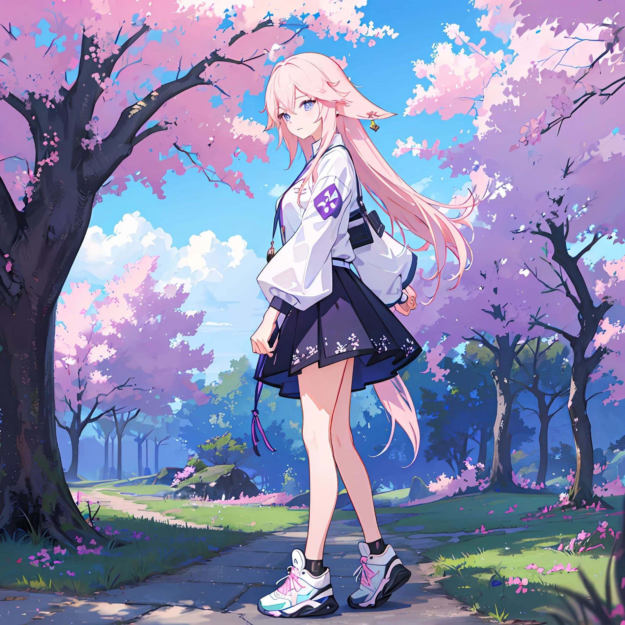 masterpiece, best quality, 1girl, solo, long hair, skirt, outdoors, cloud, pink hair, blue eyes, shirt, long sleeves, shoes, sky, tree, black skirt, full body, blue sky, bangs, blush, blue shirt, sneakers, standing, grass, white footwear, cloudy sky, day, print shirt, looking at viewer, walking, from side, yae miko , purple eyes