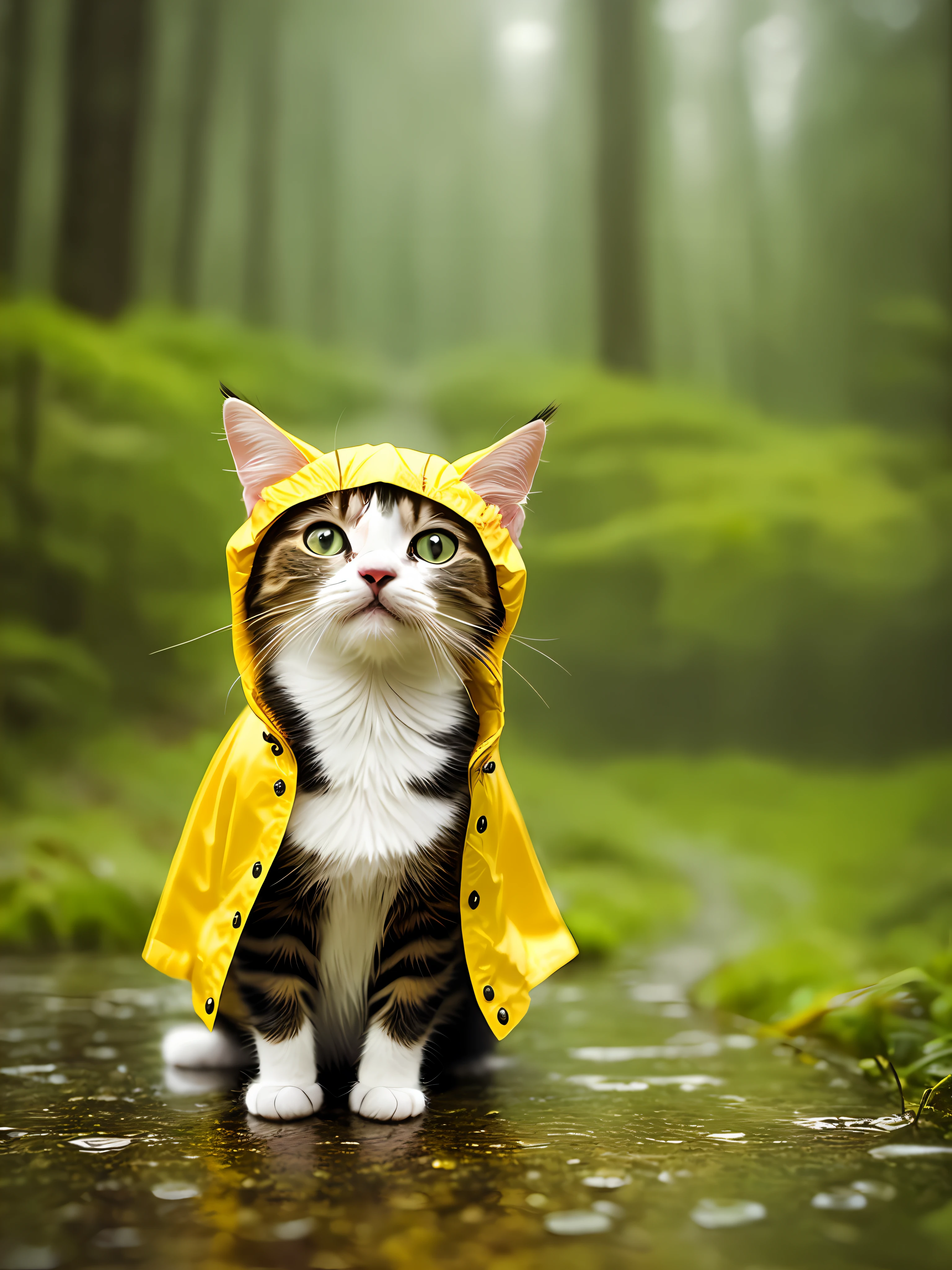 tiny cute (happy1.4) cat in a (yellow raincoat1.3) in the woods, rain, a character portrait, Tilt-shift, bokeh