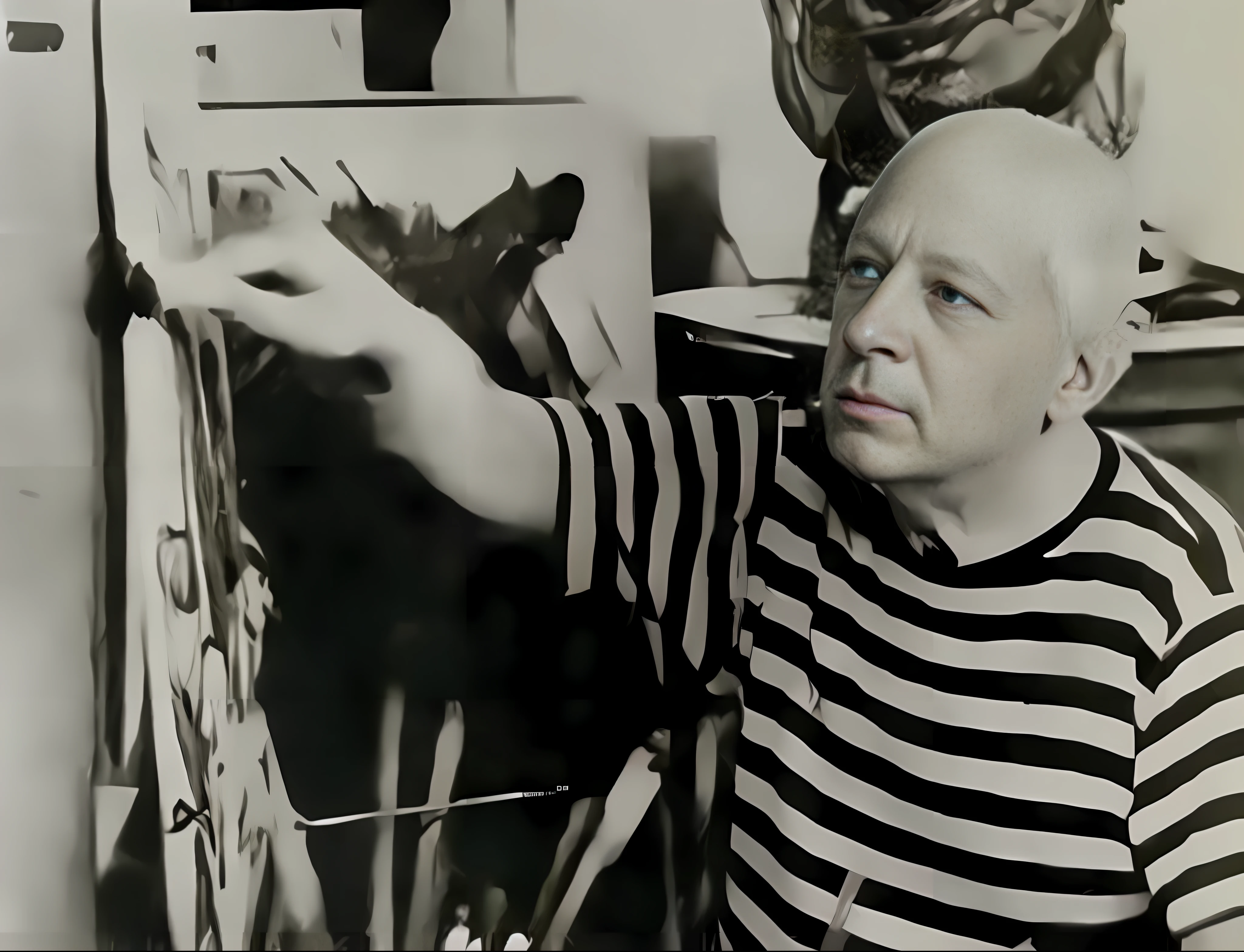 Man in striped shirt painting easel in black and white photo, Pablo Picasso and Mark Brooks, Pablo Picasso painting, Pablo Picasso. graffiti art, max fleischer, by Pablo Picasso, juan miro, giorgio di chirico, marc davis, picasso style, picasso style, jackson pollock painting, by Picasso, Picasso masterpiece, inspired by Pablo Picasso, high definition, 4k, image restoration