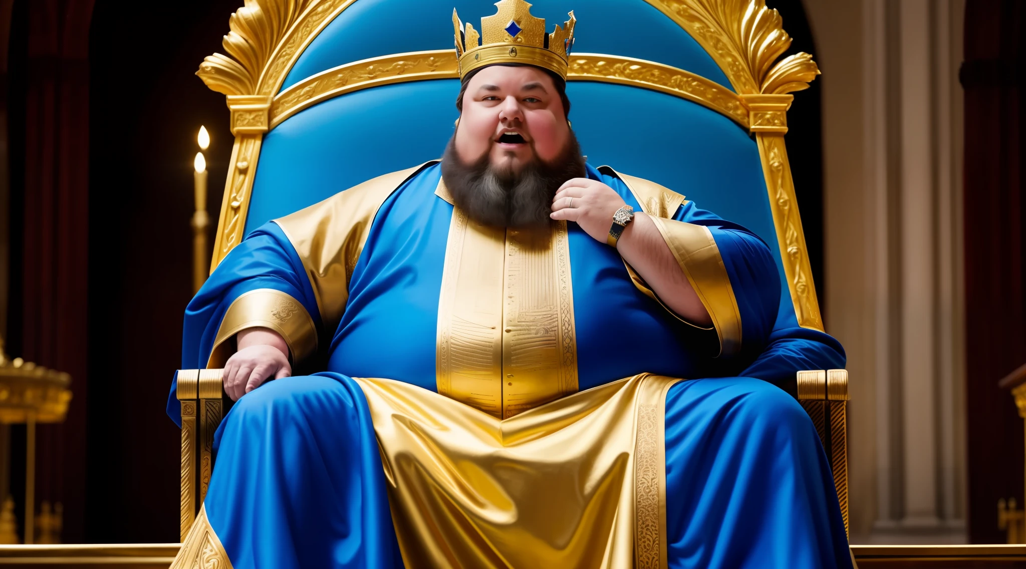 A fat medieval king sitting on his throne with his golden crown. Blue clothing, sideways view, standing, walking, running