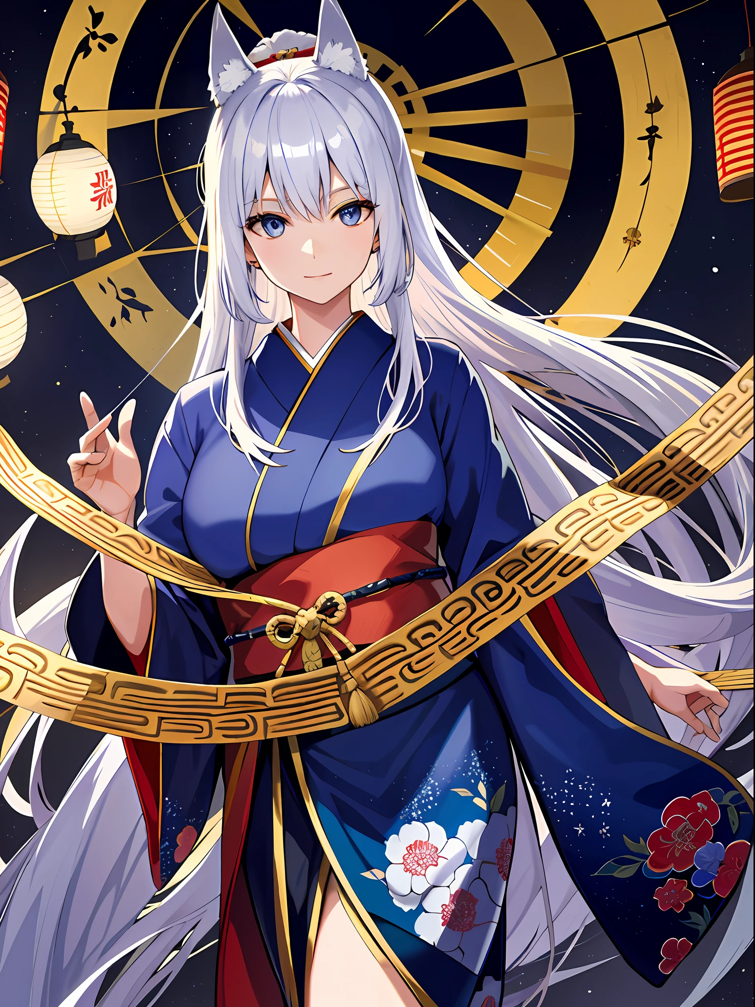 (absurdres, highres, ultra detailed), one woman, mature woman, aged, long straight hair, beautiful shiny hair, blue eyes, bangs, long sleeves, finely drawn eyes and fine face, highly detailed CG unified 8K wallpaper, intricate details, portrait Ancient Japan, Gazing, Solo, Half Shot, Detailed Face, Soft Smile, Dynamic Pose, Classical Period, (Ancient Japan: 1.1), Japanese Mythology, Fox Ears, Japanese People, Ruler, Blue Kimono, Floral Kimono, Ancient Themes, (Thriving Civilization: 1.1), Moon In Background, (Immaculate: 1.1), Shrine Japanese landscape, ancient city in the background, lanterns, austere, night, darkness, stars, portrait