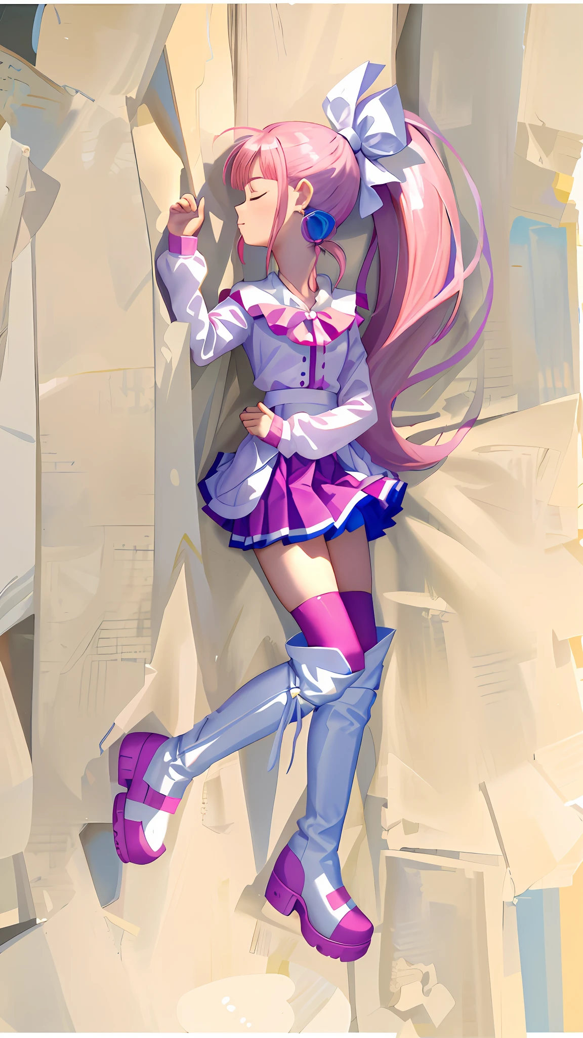 (Masterpiece: 1.5), (Best quality: 1.5), 8k,1 girl, closed eyes, pink hair, single ponytail, white top, pink pleated skirt, pink over-the-knee socks, white long boots, sapphire earrings, simple background, beach