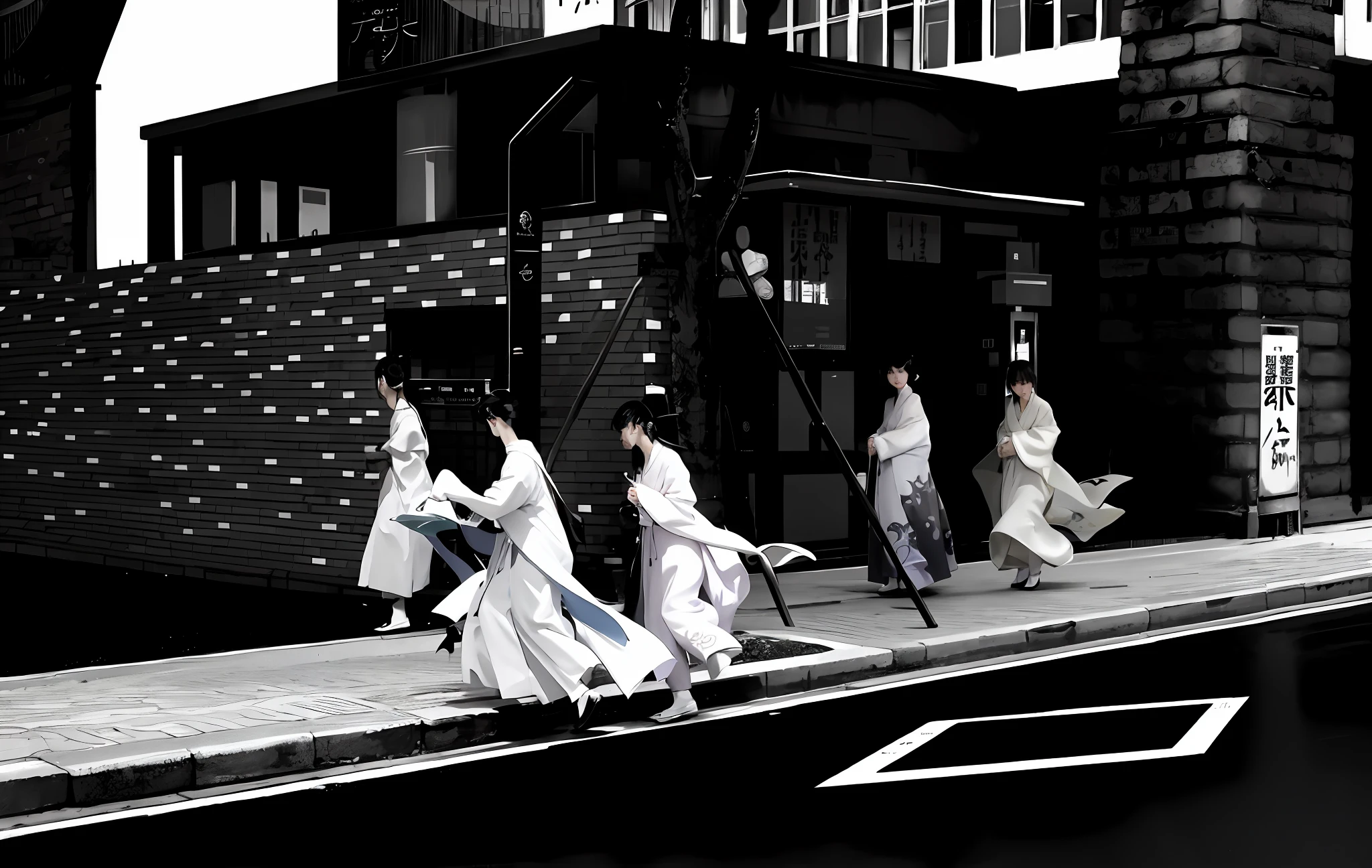 Several people dressed in white walked on the street next to the building, flowing white robes, Masami Kurata, inspired by Chiba Otake, inspired by Hyakuo Ken Rongshun, on the streets of Tokyo, on the streets of Japan, inspired by Hashiguchi Goyo