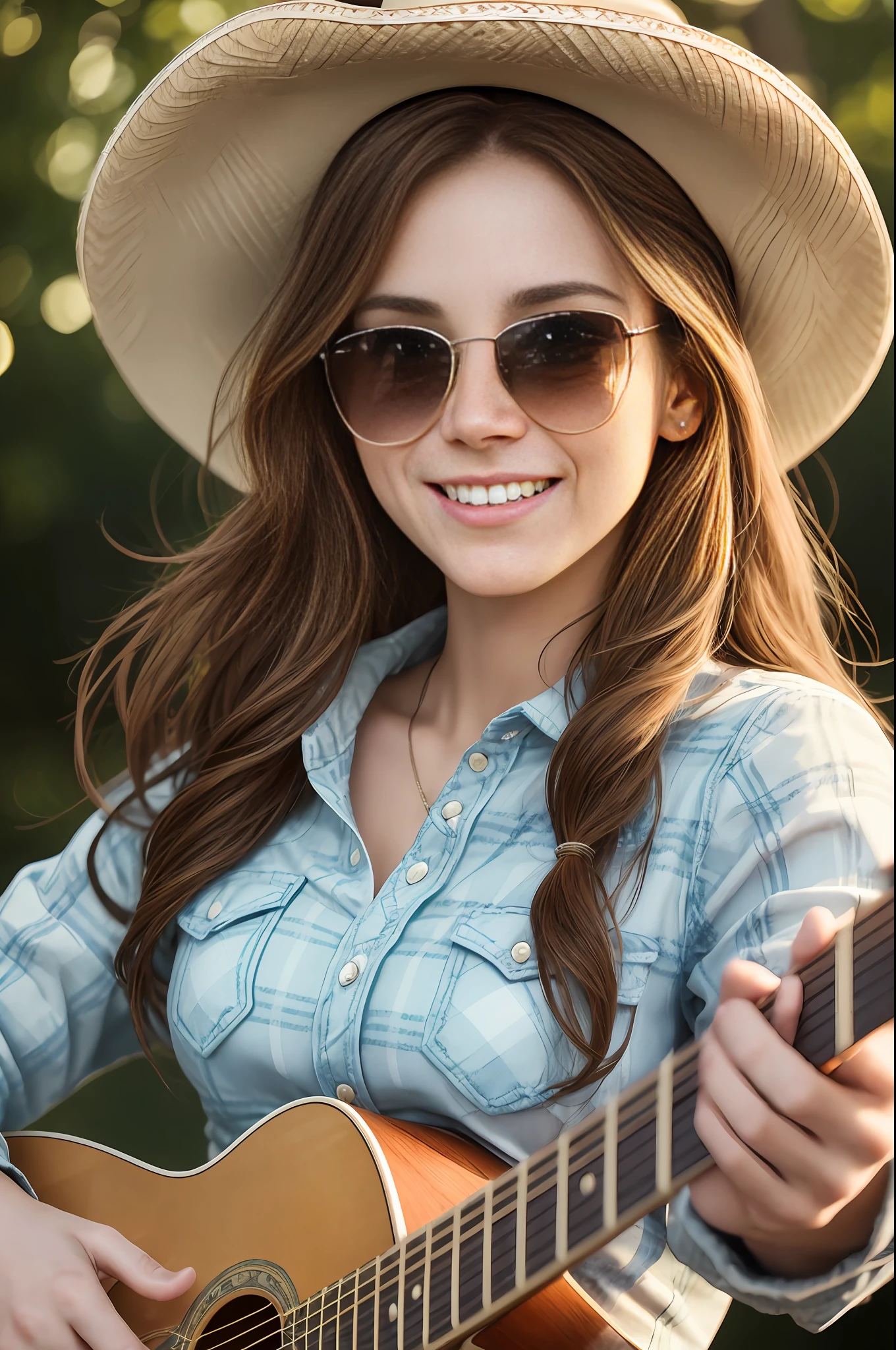 absurdres, RAW photo, highest quality, (masterpiece: 1.3), high detail RAW color photo, professional photo, extremely detailed CG 8k wallpaper unit, photo-realistic, realistic, RAW photo, masterpiece, best quality, highres,
1girl, 19 YEARS OLD, white, reddish brown hair, wavy, Average length, random hairstyle, beautiful body, thin legs, perfect beautiful face, beautiful light green realistic eyes, fair skin, detailed skin texture, very small natural breasts. Smiling. She looks amazing. Playing guitar and singing in a country band. (Cowboy hat, plaid shirt with neckline, Ray Ban sunglasses, simple design). Evening concert hall.