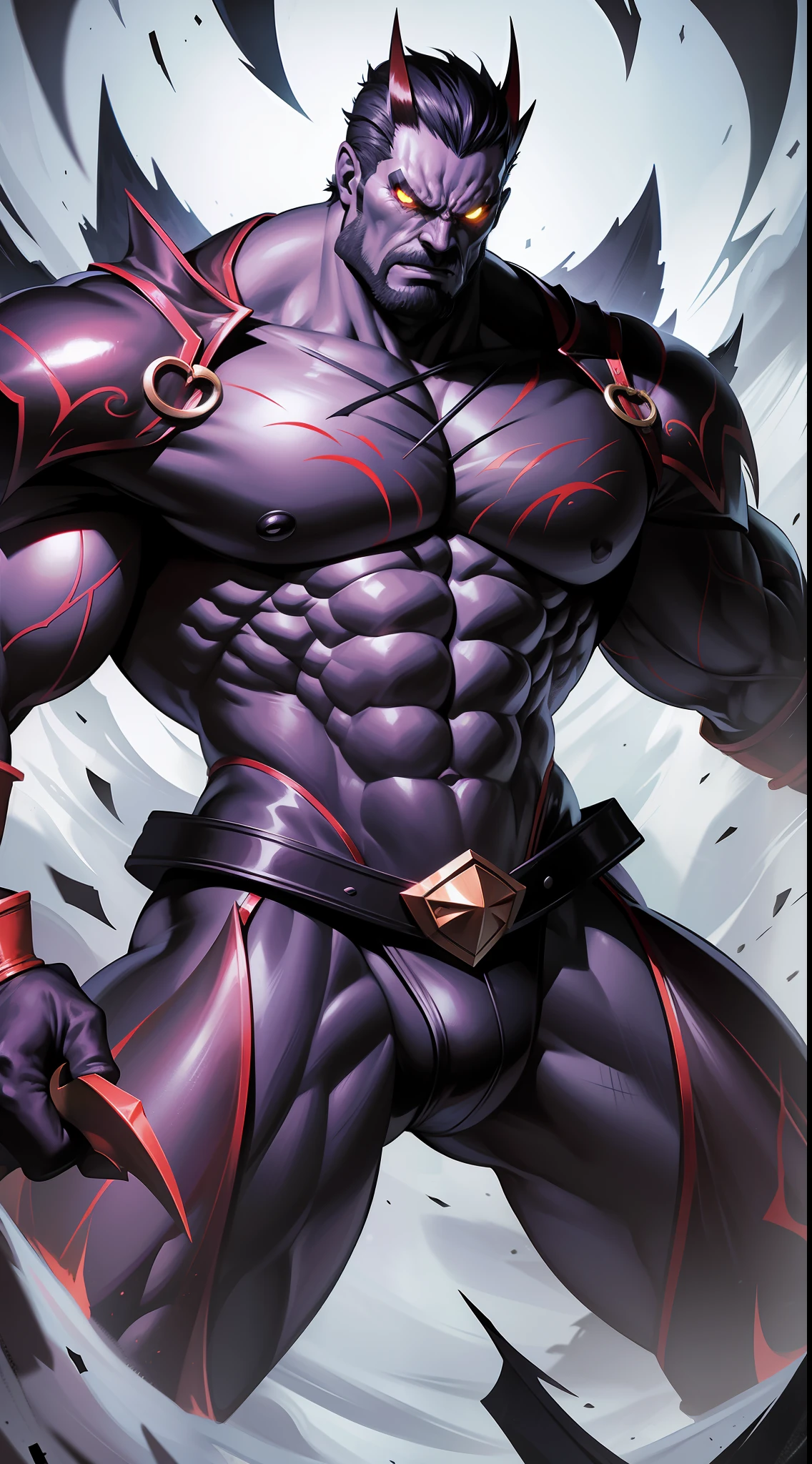 a super strong game boss extremely muscular, angry expression sinister very bad, wearing a stylish suit.