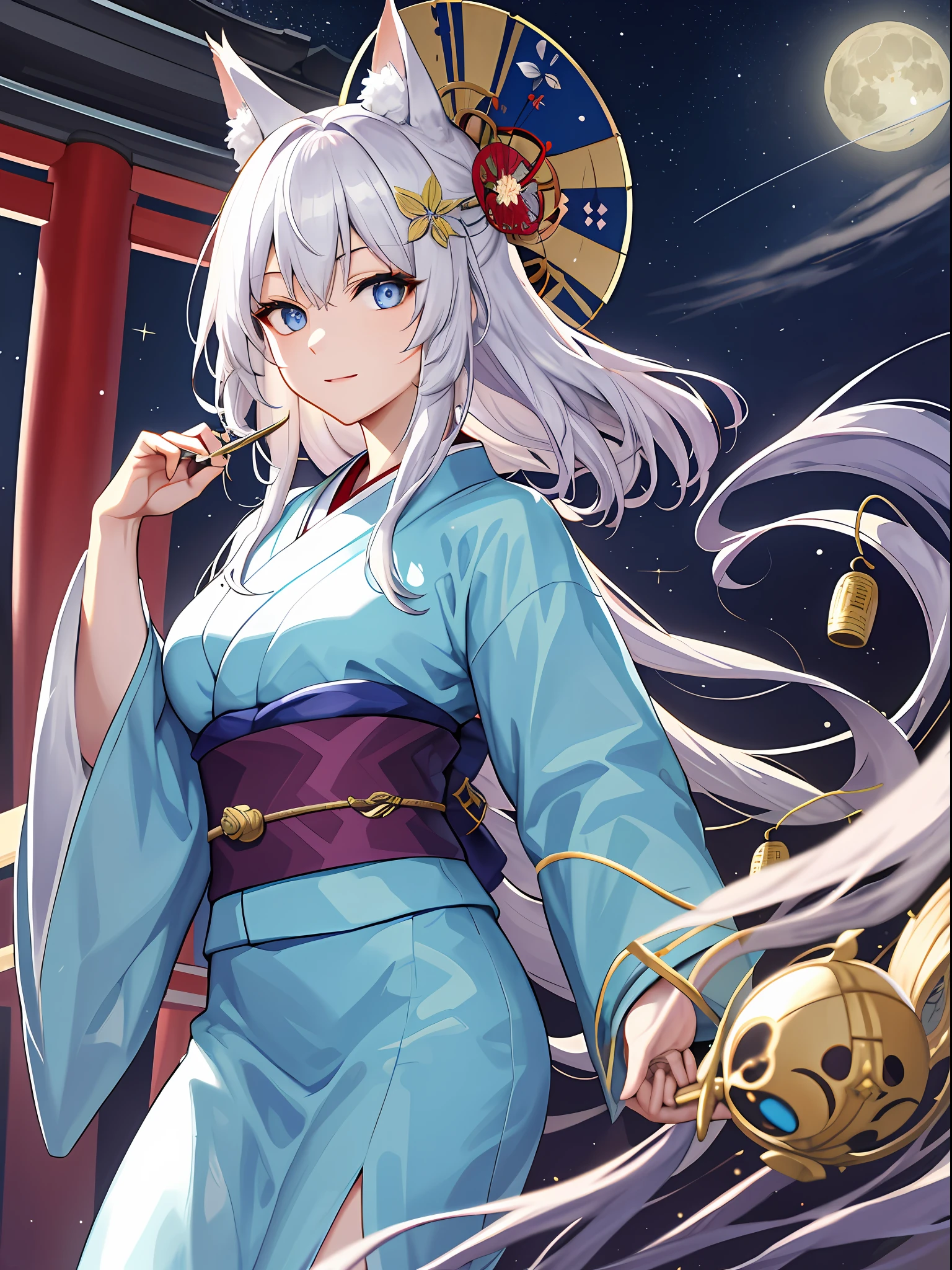 (absurdres, highres, ultra detailed), one woman, mature woman, aged, long straight hair, beautiful shiny hair, blue eyes, bangs, long sleeves, finely drawn eyes and fine face, highly detailed CG unified 8K wallpaper, intricate details, portrait Ancient Japan, Gazing, Solo, Half Shot, Detailed Face, Soft Smile, Dynamic Pose, Classical Period, (Ancient Japan: 1.1), Japanese Mythology, Fox Ears, Japanese People, Ruler, Blue Kimono, Floral Kimono, Ancient Themes, (Thriving Civilization: 1.1), Moon In Background, (Immaculate: 1.1), Shrine Japanese landscape, ancient city in the background, lanterns, austere, night, darkness, stars, portrait