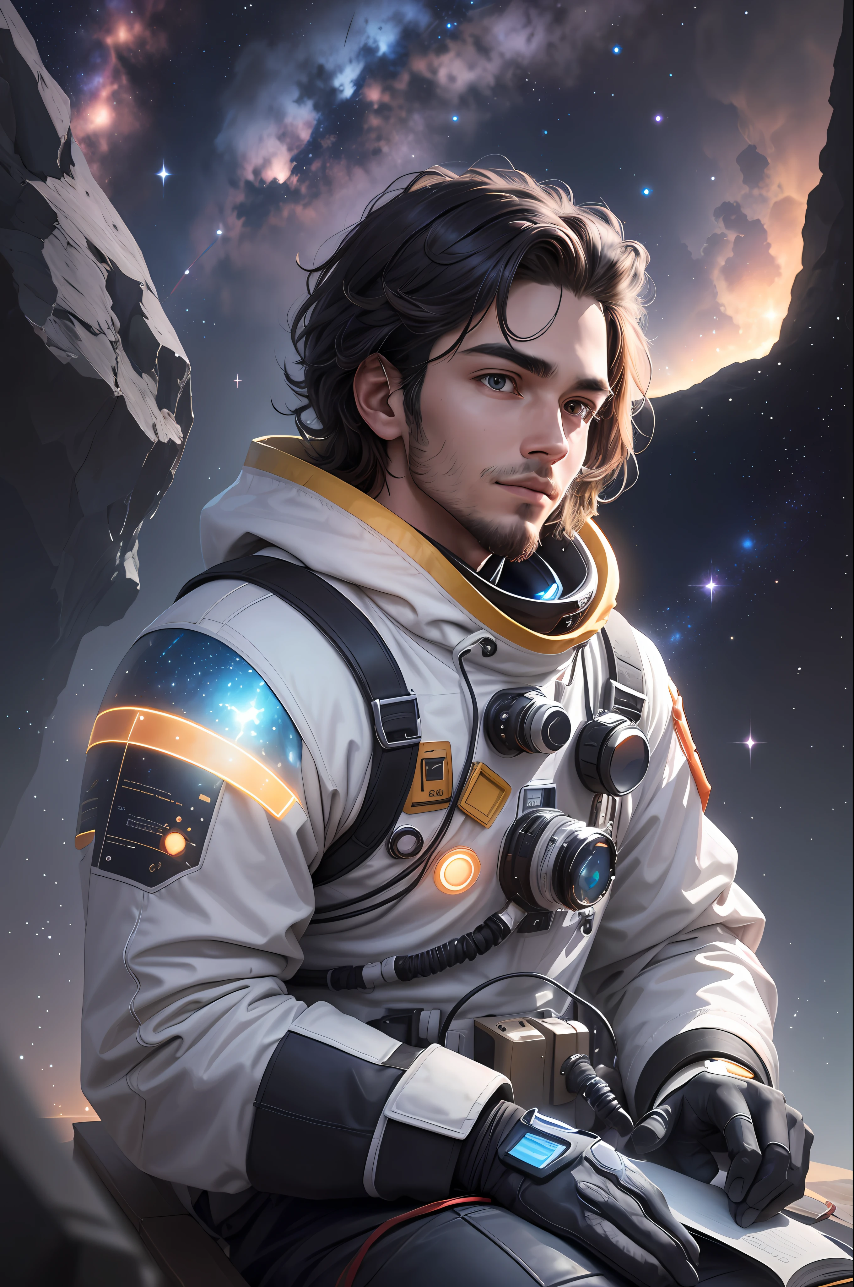 Draw a young programmer sitting on a research platform floating in the middle of an asteroid belt. The platform is composed of transparent glass panels that show the vastness of the space beneath it. The young man is immersed in his work, using an advanced notebook with a holographic interface. It is surrounded by several asteroids, each emitting an aura of glowing fire that illuminates the environment around it.

The scene is bathed in dramatic illumination, coming from the distant stars and nearby planets. This diffused light creates deep shadows on the young man's spacesuit, highlighting the details of his equipment and the technological tools that surround him. His spacesuit is modern and elegant, combining functionality and style.

The young programmer, with a confident and determined expression, is looking at the vast and mysterious universe with admiration and respect. He has a well-groomed beard that gives a touch of maturity to his youthful face. In addition, he wears a "cowboy shot" style hat, adding an element of personality to his look.

In the background, we can glimpse other distant asteroids, forming a scenario that extends to the cosmic horizon. Colorful planets and bright stars dot space, creating a spectacular landscape. These celestial elements complement the sense of wonder and discovery that permeates the scene.

I hope this enhanced description can provide an ultra realistic and detailed image for your prompt. Keep in mind that the quality of the final image may depend on the image-generating AI you're using. Have fun exploring this fascinating scenery!