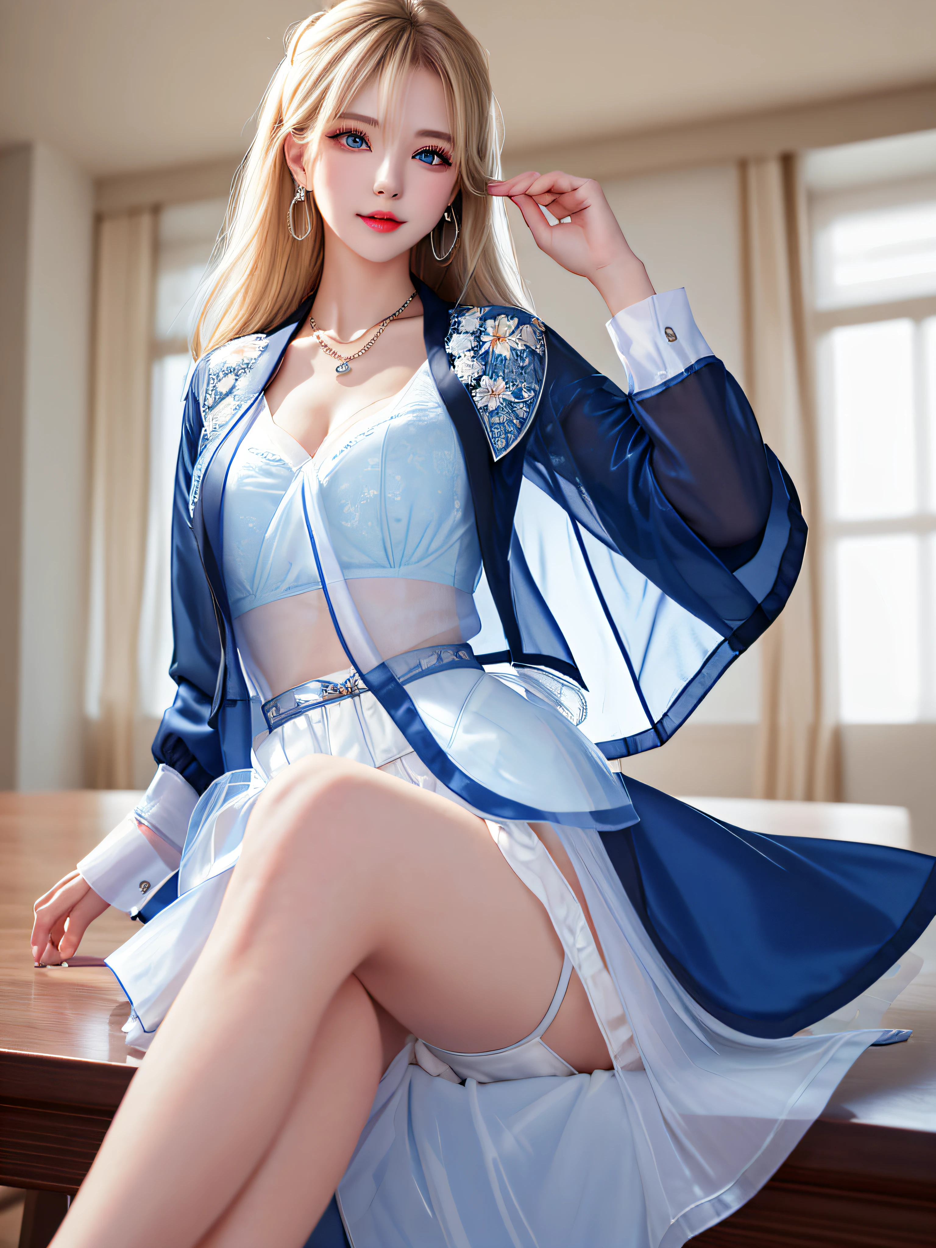 (legs open on classroom chair)), Female Teacher v6, Necklace, Earrings, Full Body V6, Long Gray Hair, Translucent Clothes, Look, Superb, Ultra High Definition, RAW Photography, Realism 1.25), (Bright Lip Gloss, Long Eyelashes, Smooth) Face, Light Bright, Natural Shadows, Wide Light, Wide Light, Depth of Field, Intense Colors, Subtle Caustics: 0.8), Smile, (Big), v6, There are windows showing various buildings in the city (absurdity, high resolution, super detail), smile, (big), v6 ((Adriaan Honnig))) girl with blonde hair and blue eyes, beautiful and thin ((white sheer blouse front opening, black silk underwear, underwear bite, sexy pose, back figure, gaze is window side, ((dark blue jacket, white sheer blouse, black mini flared skirt))