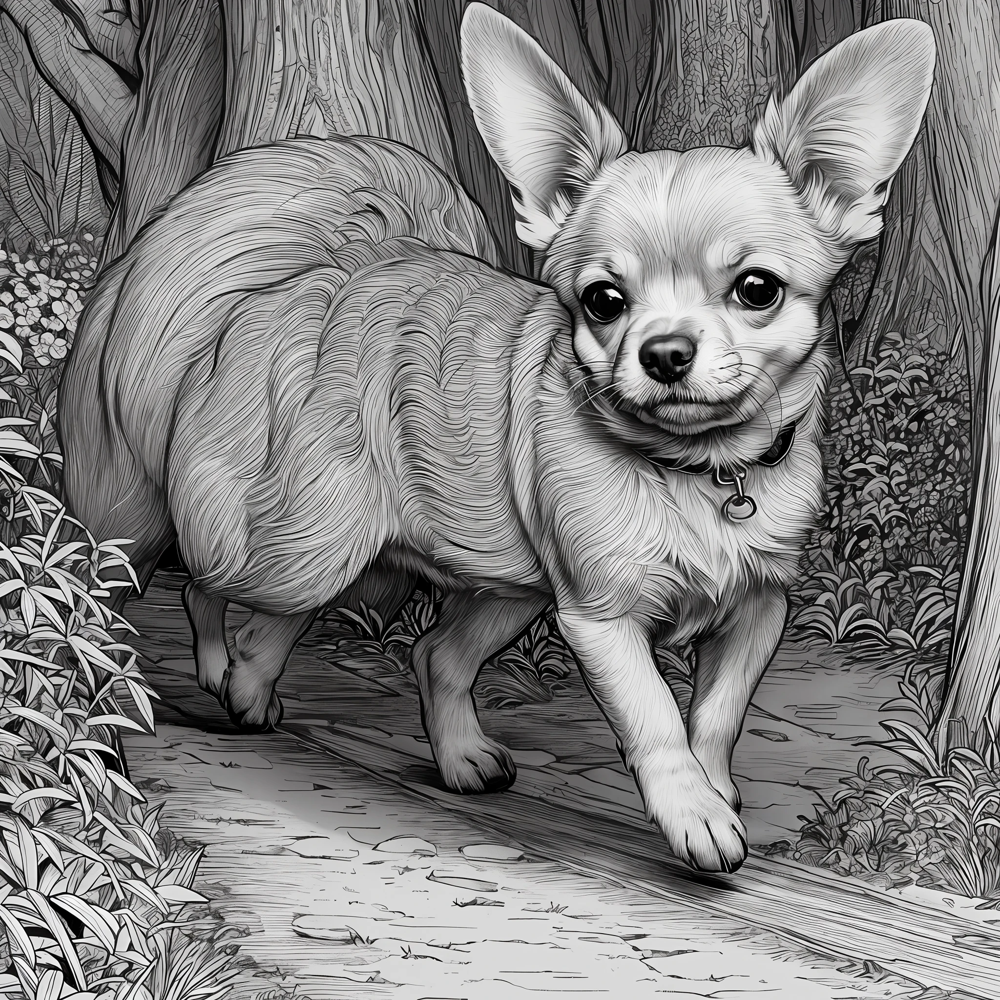 Coloring Pages drawing, no color, cute little chihuahua dog, running, environment is a forest with trees and flowers, lineart --auto --s2