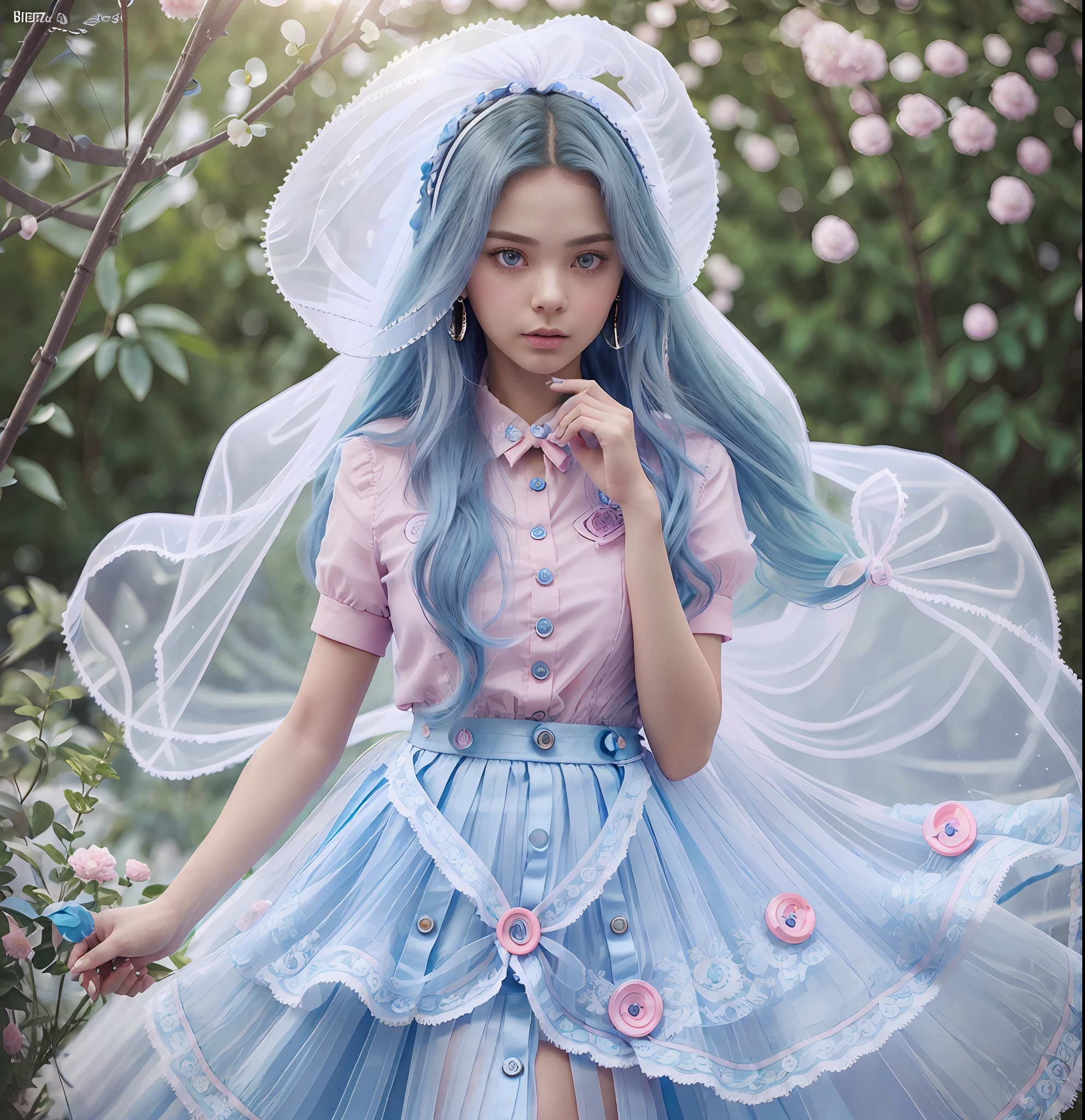 (Cute huge eye Persian girl in long transparent weeding dress,beautiful eyes detailed and face detailed,side light of masterpiece,masterpiece, best quality, detailed illustration high resolution, huge eye Persian girl in long transparent weeding dress,(skinny Persian girl in long transparent weeding dress,1 girl, beautiful girl, bright skin),(photorealestic, octane render,3d,) (sky blue hair, pink eyes, skirt, ribbon, button-shirt) (one hand holding the other) - --auto --s2