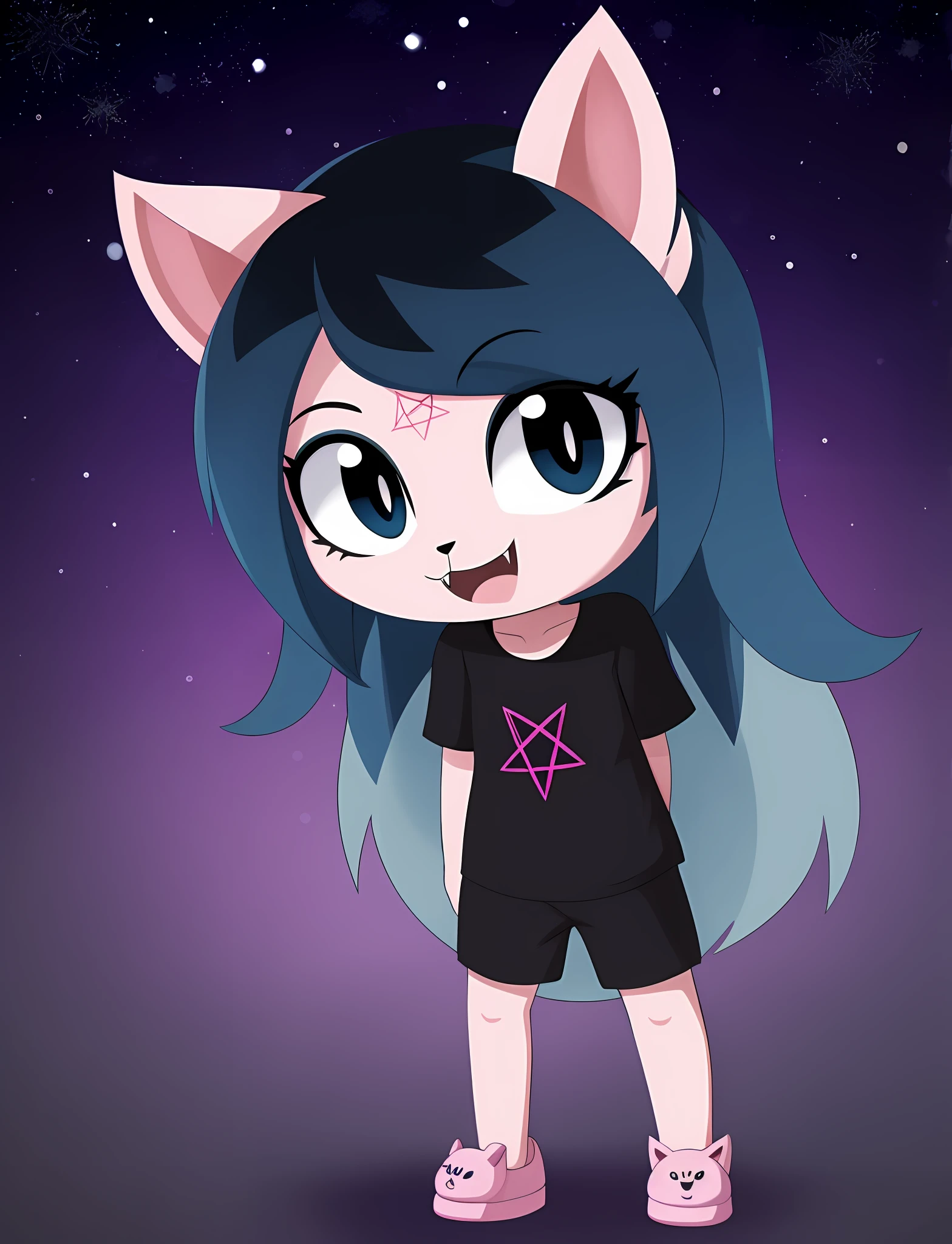 claire, furry catgirl, white fur, blue long hair, parted bangs, fangs, black eyes, slit pupils, black tee shirt, short sleeves, pink animal slippers, pink lounge shorts, cat ears, cat nose, open mouth, smile, standing, solo, full body, white outline, forest background (nighttime, starry sky), (masterpiece), best quality,