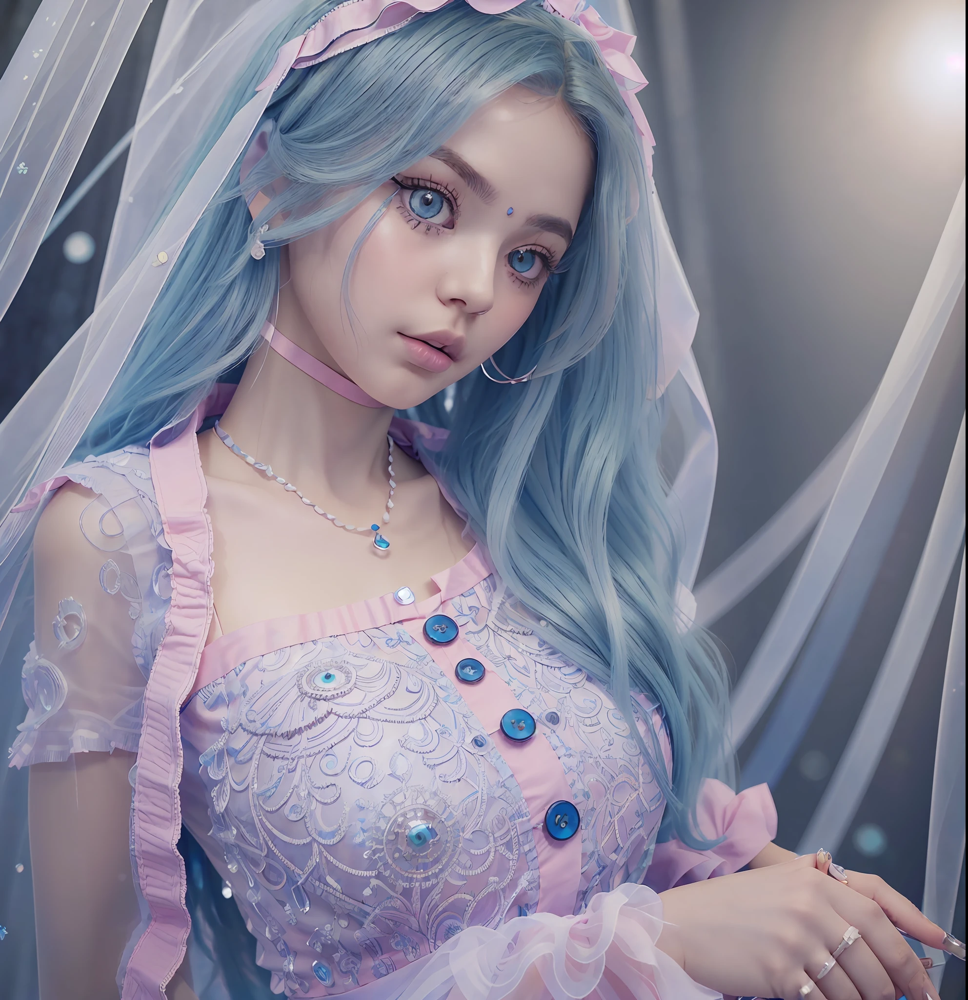 (Cute huge eye Persian girl in long transparent weeding dress,beautiful eyes detailed and face detailed,side light of masterpiece,masterpiece, best quality, detailed illustration high resolution, huge eye Persian girl in long transparent weeding dress,(skinny Persian girl in long transparent weeding dress,1 girl, beautiful girl, bright skin),(photorealestic, octane render,3d,) (sky blue hair, pink eyes, skirt, ribbon, button-shirt) (one hand holding the other) - --auto --s2