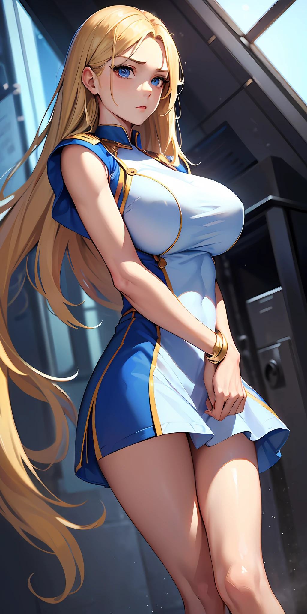 ((Best quality, masterpiece, absurdres)) ,1girl, Woman (25 years old, corpor definido,adult, long blonde hair, huge breasts, expressive blue eyes) wearing a short shift dress (supergirl uniform shift dress,tube dress)