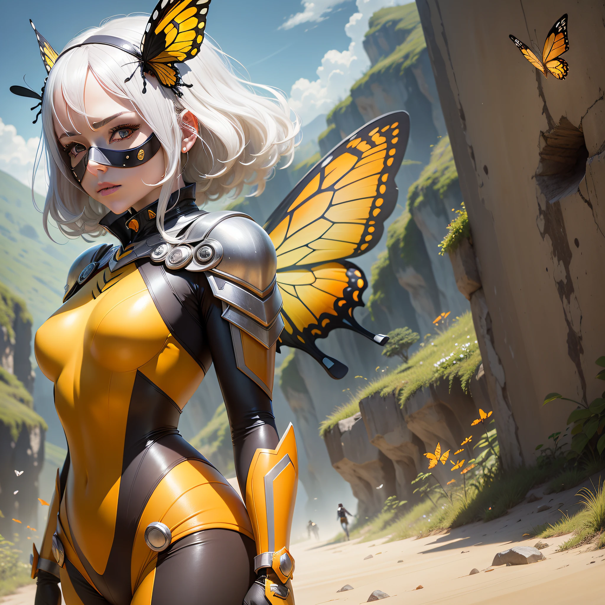 woman, defined body, small breasts, platinum hair, straight hair, wasp costume, mask covering the mouth, small butterfly wings on the back, in the background a landscape in yellow and orange
