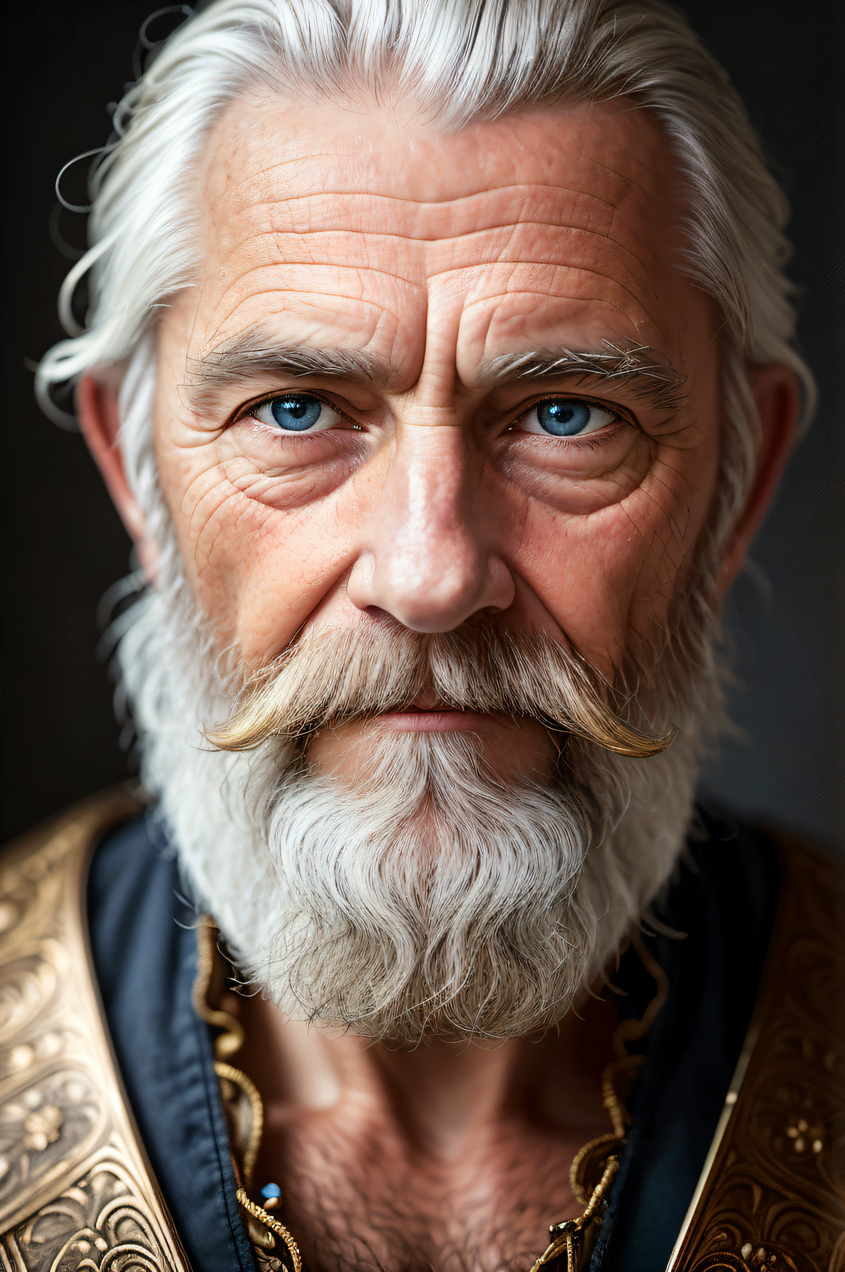 dark theme, ultra resolution, hyper realistic, hdr, absyrdres, cinematic shot, vignette, centered, short DOF,
a closeup portrait of an old man, Scandinavian, looking at camera,
blue old eyes,
short white hair, one braided hair curl, white VIKING BEARD,
missing teeth,
narrow face
dark skin, wide shoulders, weathered by sun and sat water,
royal doublet with gold patterns,
royal chambers
camera focus on an eye, high focal length, dslr, 200mm lens,
photo by Cristina Otero, dark studio, rim lighting, two tone lighting, dimly lit, low key, backlight,