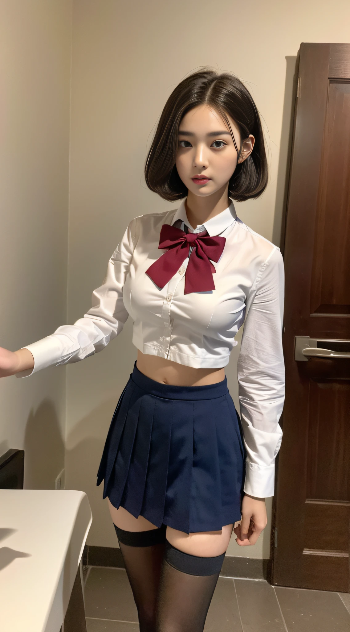 ((Best Quality, 8k, Masterpiece: 1.3)), 1girl, Slim Abs Beauty: 1.3, (Hairstyle Casual, No Big Breasts: 1.2), JK Uniform: 1.1, Miniskirt, Stockings of different colors on the left and right legs, Super fine face, Fine eyes, Double eyelids, Home