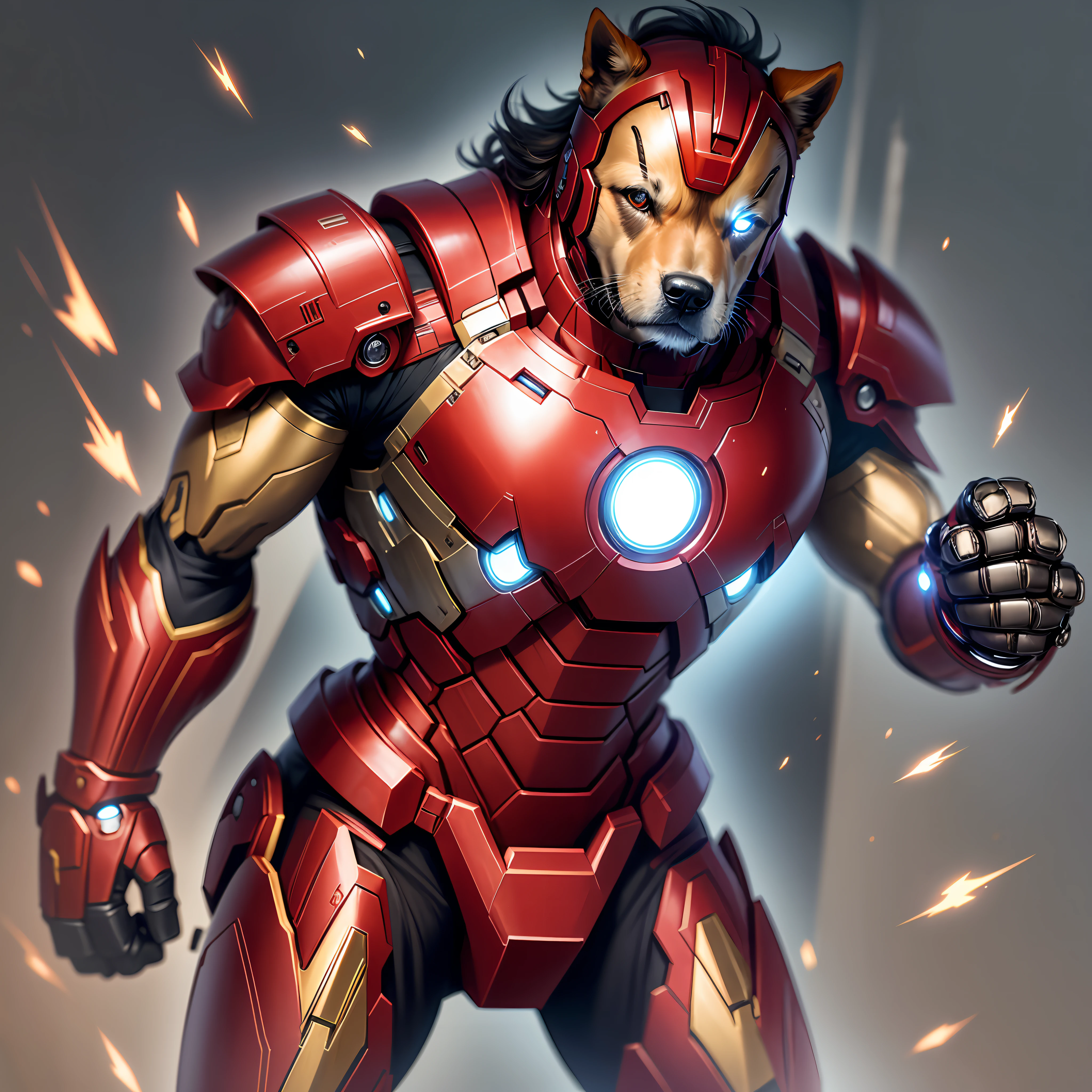 Majestic dog of medium size, with a lush and well-groomed coat. His expressive eyes convey intelligence and determination wearing a famous replica of Iron Man armor. The gleaming armor is made of a shiny metallic material, standing out with vibrant shades of red and gold the armor is meticulously reproduced, from the hinged plates to the tiny energy reactors on the chest and hands. The dog radiates confidence and energy, with Iron Man's armor complementing his imposing posture --auto --s2