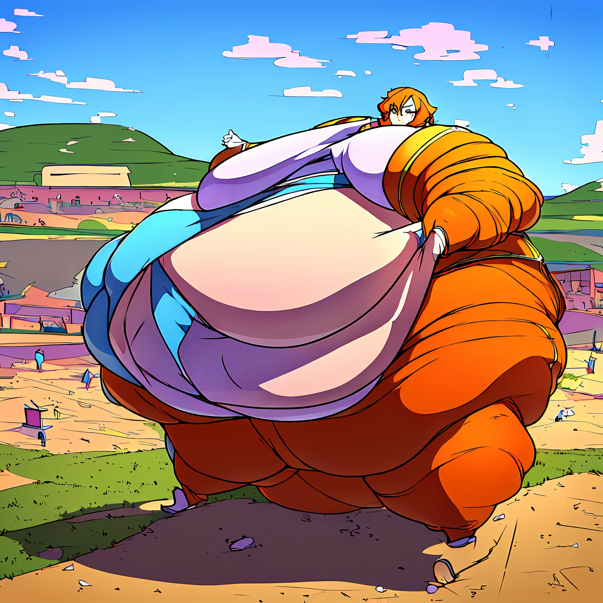 ((high aesthetic)), highly rated, absurdres, absurd resolution, highres, high resolution, best quality, masterpiece, 1boy, ((solo)) handsome young man, messy orange hair, gray eyes , (wide hips:1.7), (hyper fat belly,)( round belly, thick thighs,(fat!!) , Chinese clothing, (Fat breasts) Yokohama city,